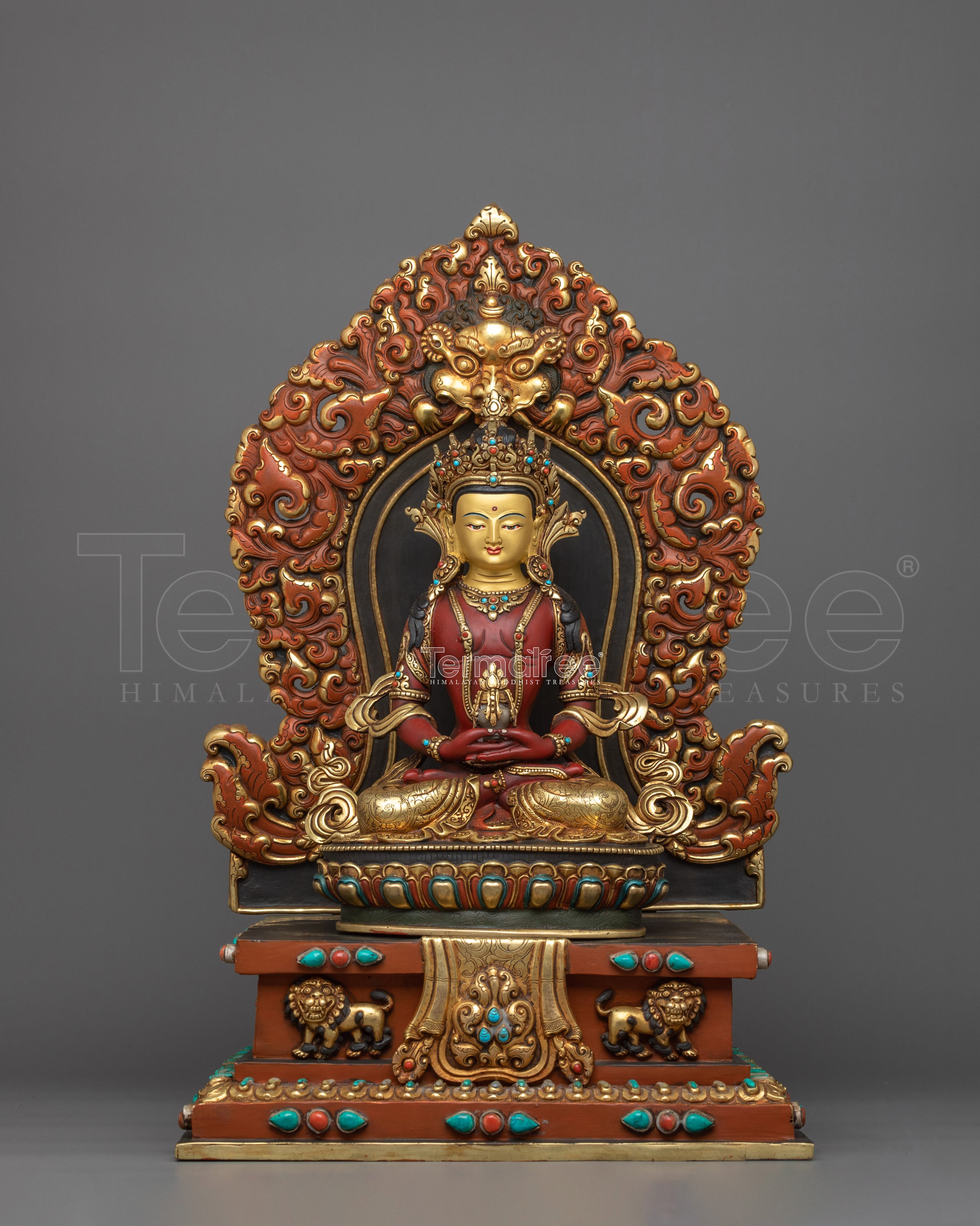 Traditional Statue of Amitayus on a Royal Throne | 24K Gold Gilded Copper Statue