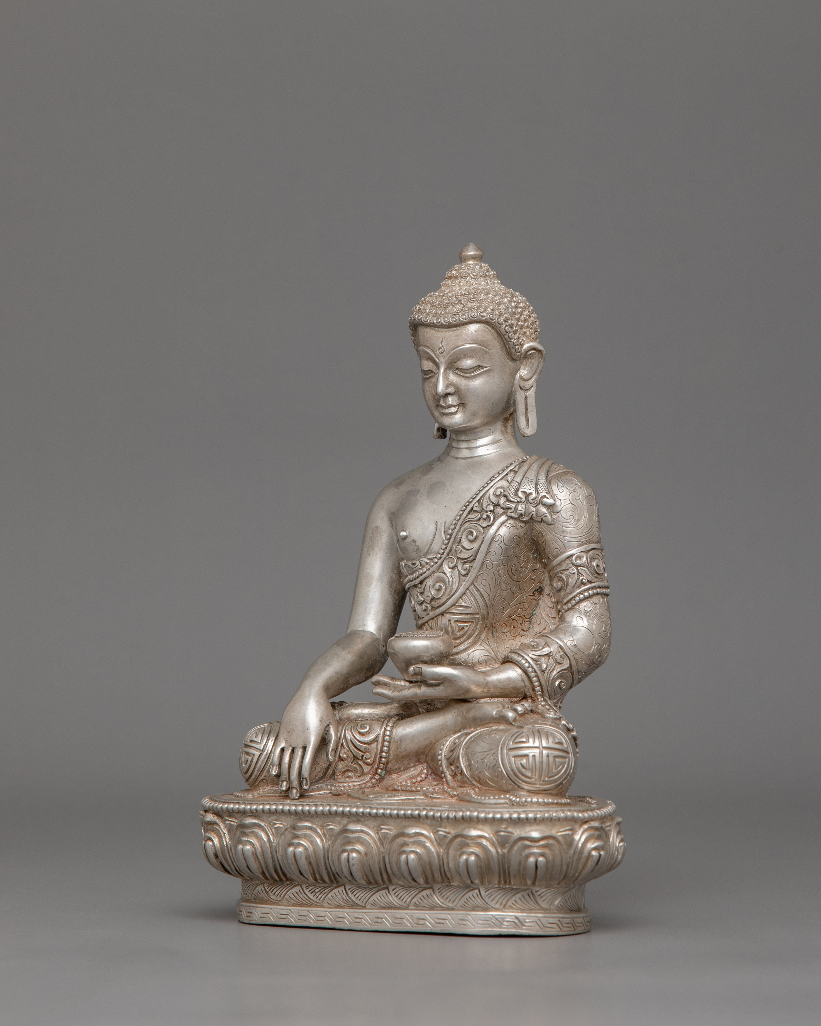 Silver Plated Shakyamuni Buddha Sculpture | Historical Buddha Statue