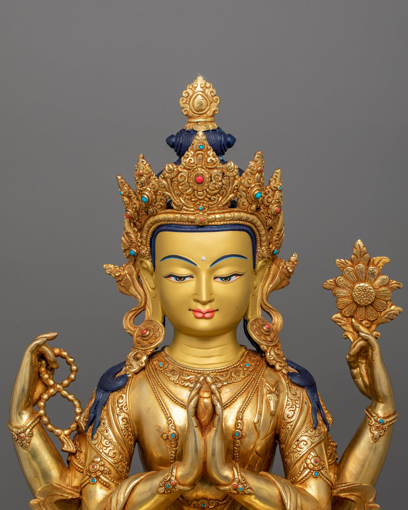Four Armed Handcrafted Chenrezig Statue | Bodhisattva Deity of Compassion