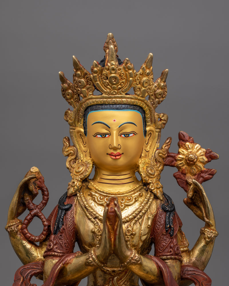 Handcrafted Golden Chenrezig Statue | Also known as Avalokitesvara