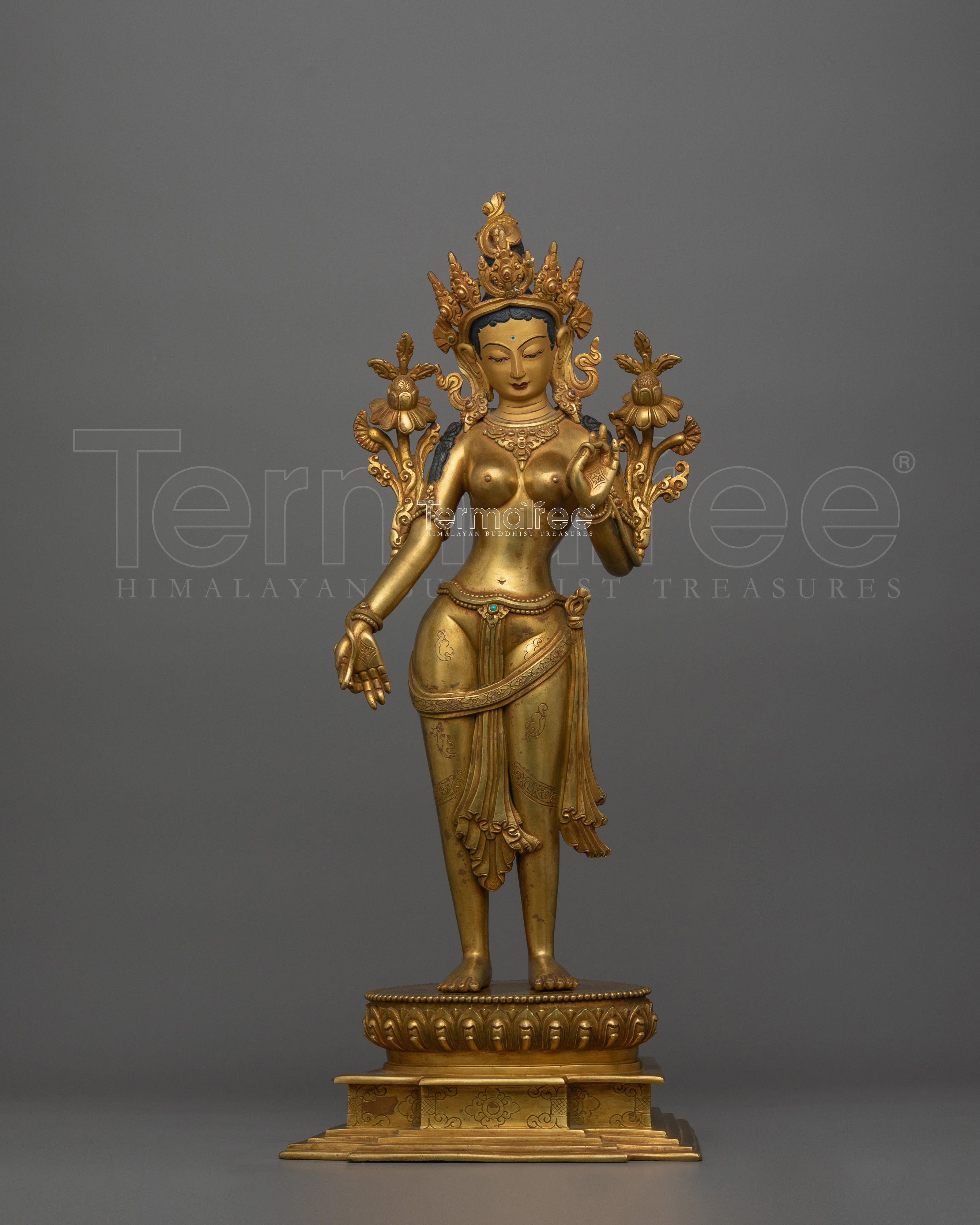 Beautiful Standing Green Tara Statue | 24K Gold Gilded