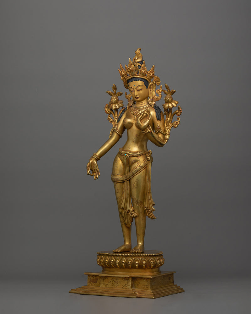Beautiful Standing Green Tara Statue | 24K Gold Gilded