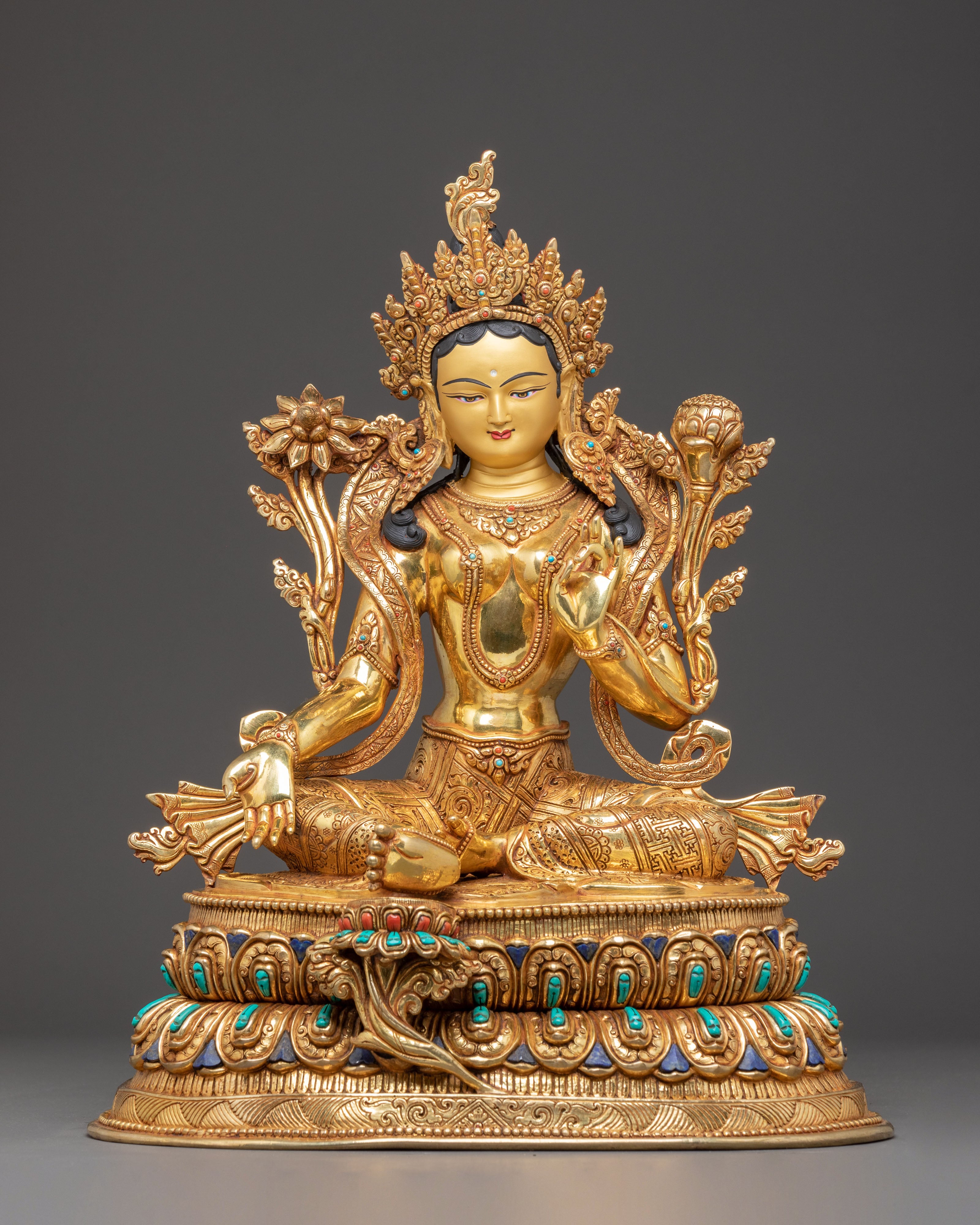 Handmade Golden Statue of Green Tara | Female Buddha of Compassion
