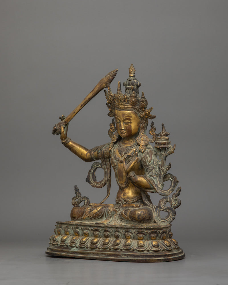 Handcrafted Antique Finish Manjushri Statue | Bodhisattva Wisdom Deity