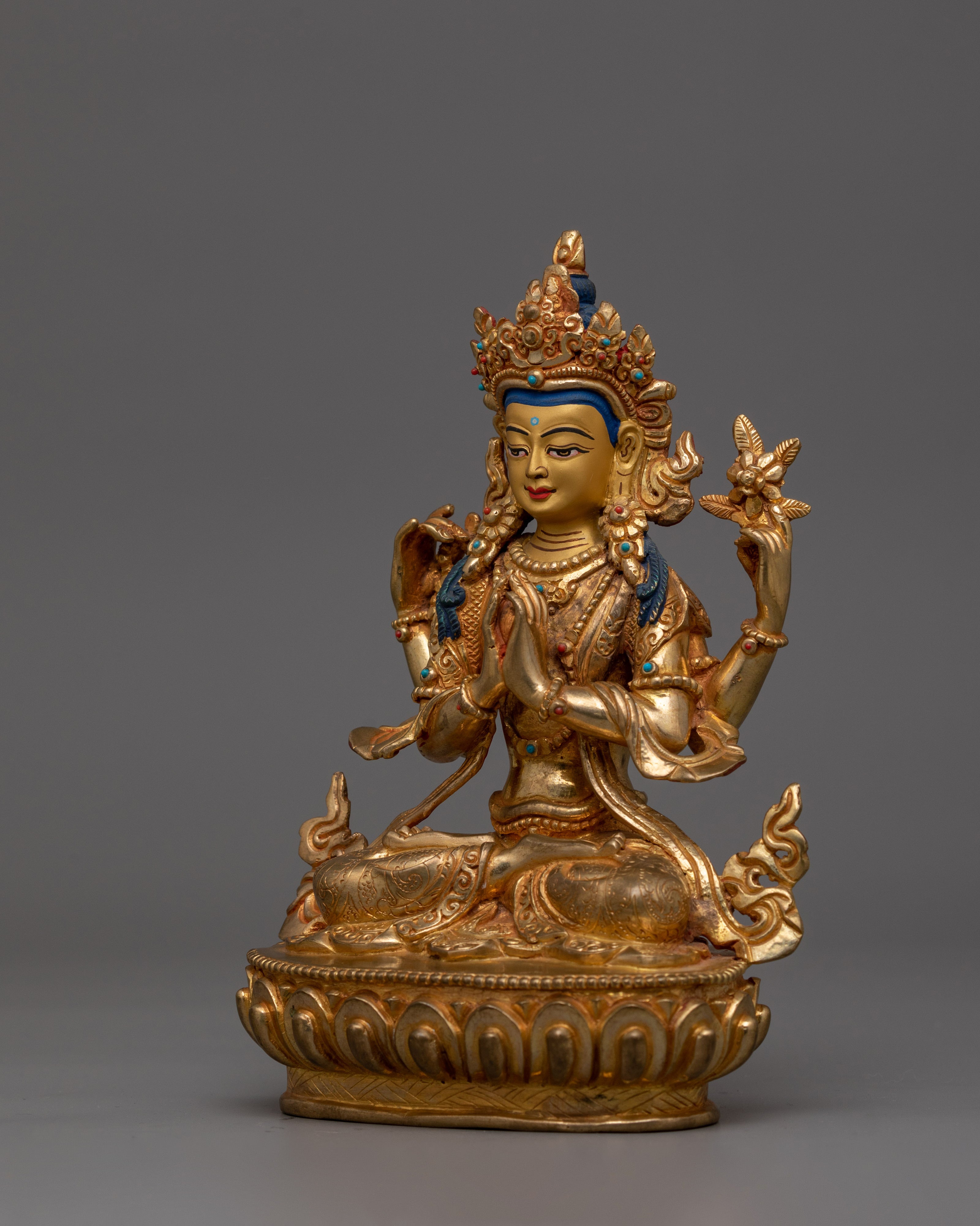 Traditional Himalayan Artwork Chenrezig Statue | Deity With Four Armed