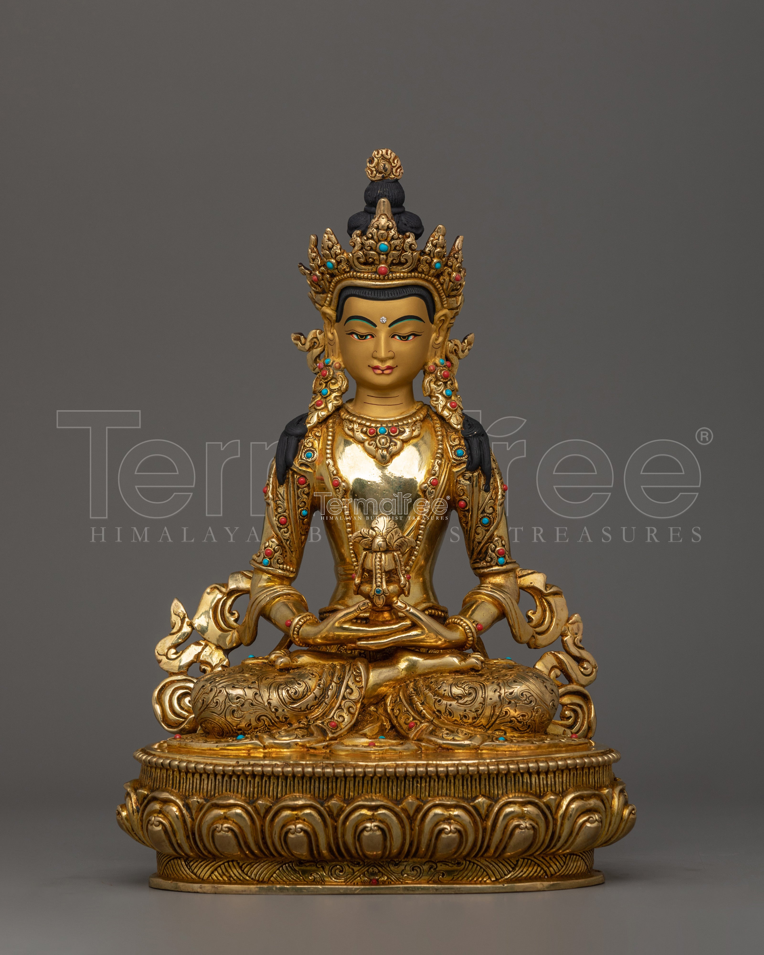 Tibetan Buddha of Infinite Life Amitayus Sculpture | 24K gold Gilded Statue