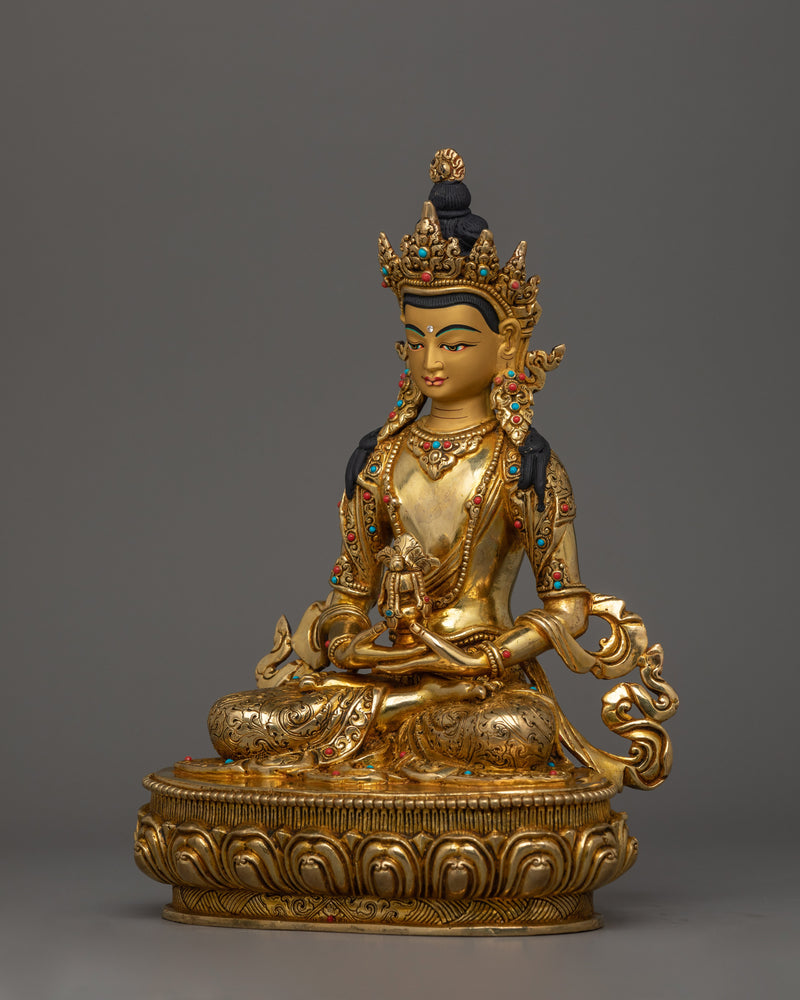 Tibetan Buddha of Infinite Life Amitayus Sculpture | 24K gold Gilded Statue
