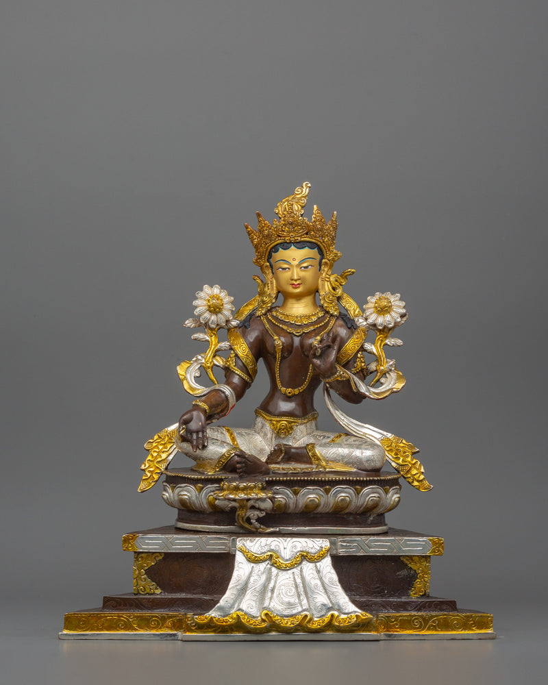 Silver Plated Green Tara Sculpture | Beautiful Halo Statue