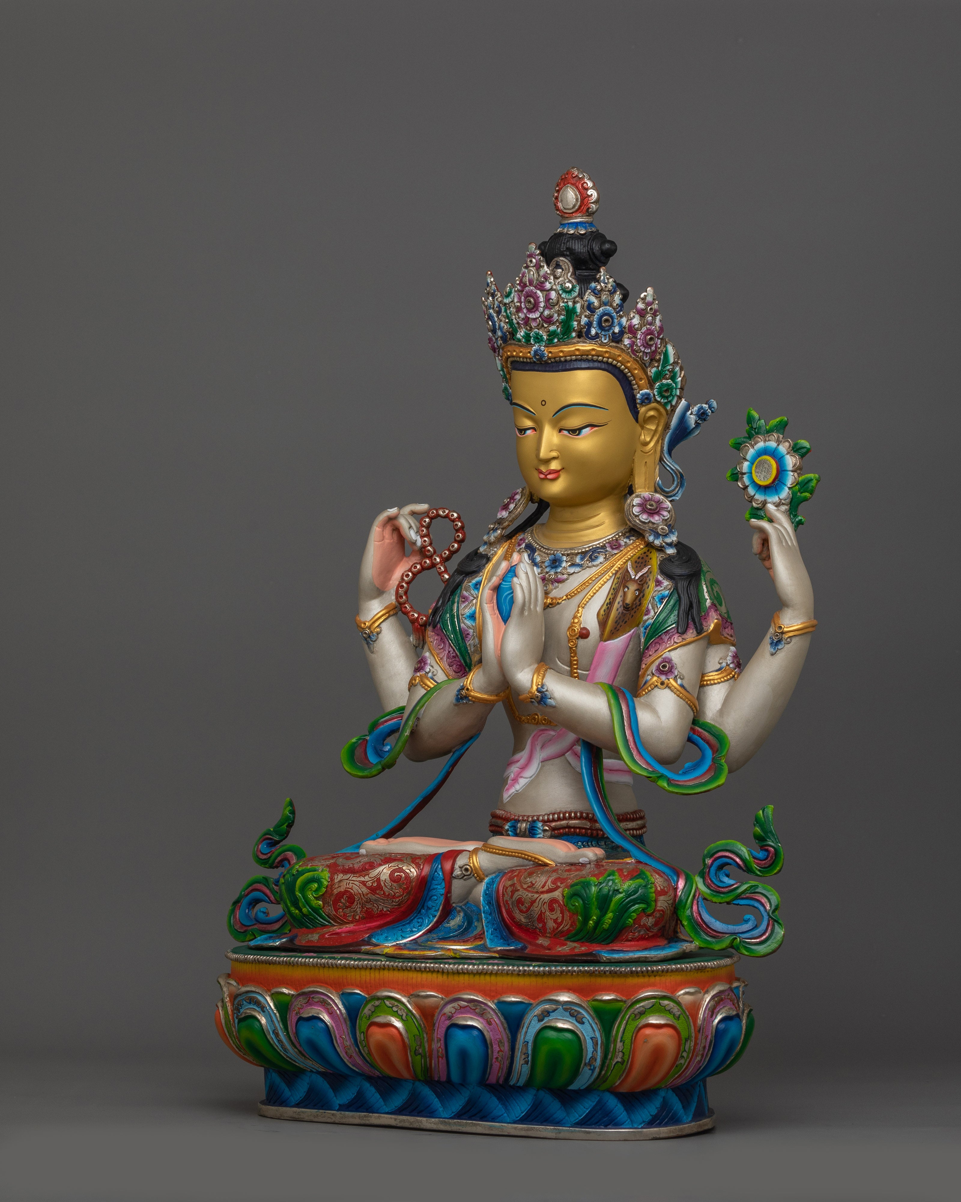 Silver Plated Chenrezig Statue | Compassionate Deity