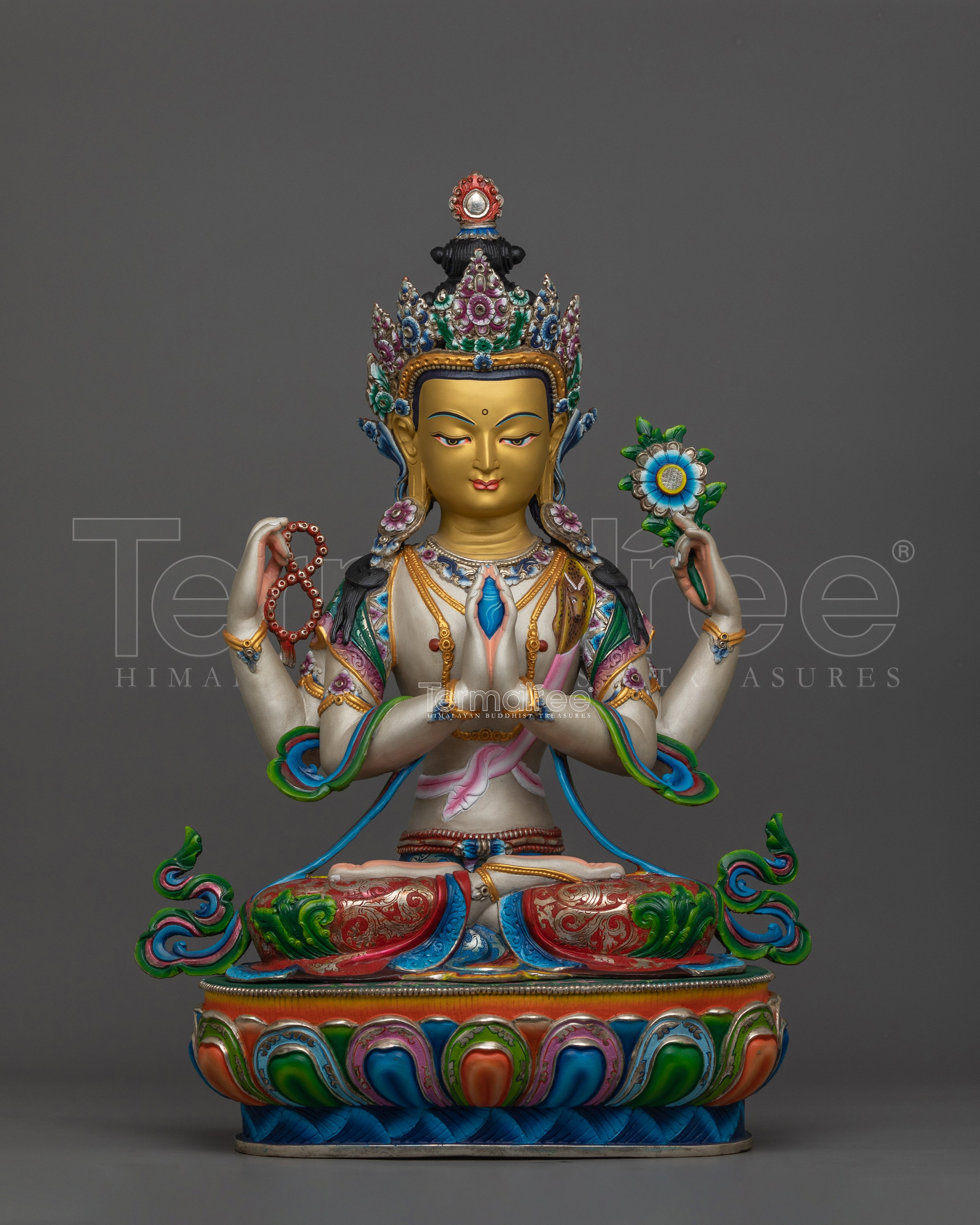 Silver Plated Chenrezig Statue | Compassionate Deity