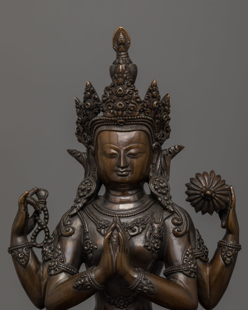 4 Armed Chenrezig with Oxidized Copper Body |  The Buddha of Infinite Compassion