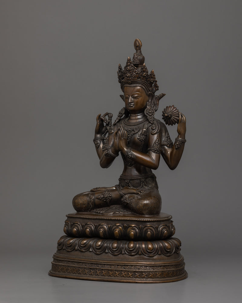 4 Armed Chenrezig with Oxidized Copper Body |  The Buddha of Infinite Compassion