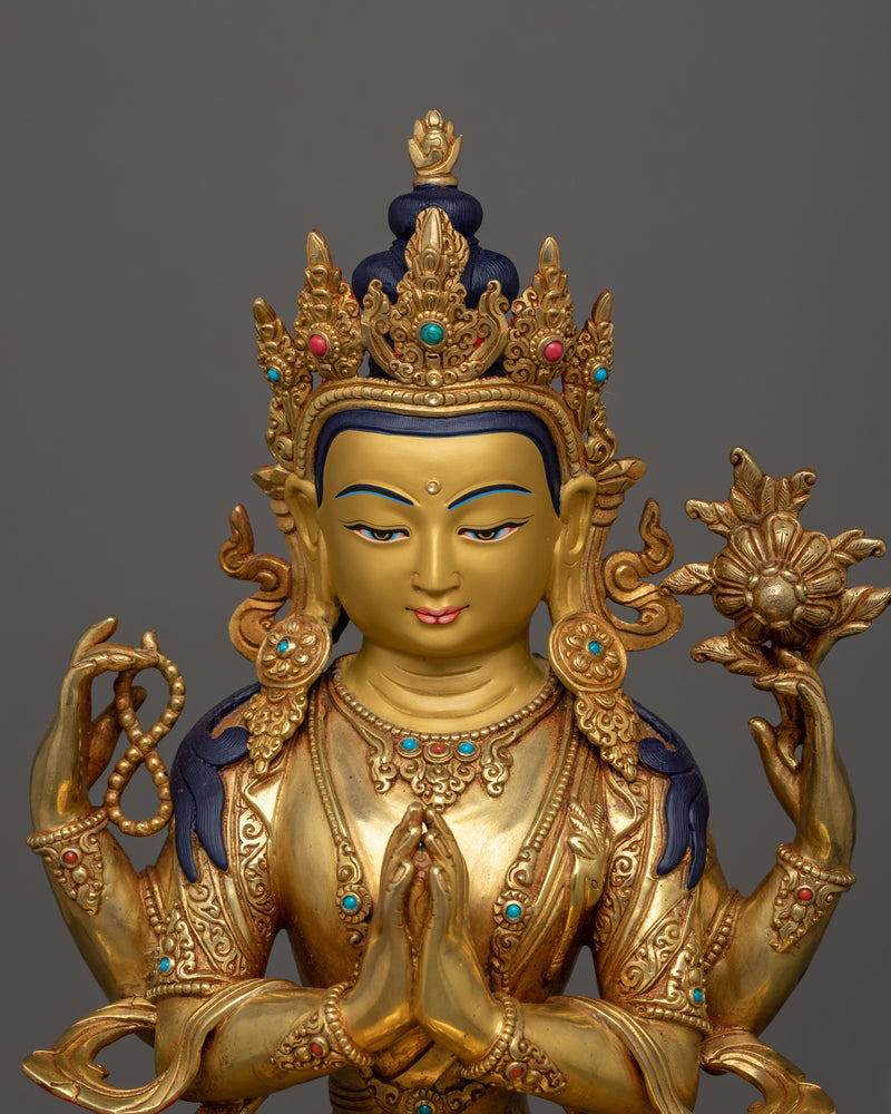 Handmade Sculpture of Four Armed Chenrezig | Bodhisattva of Infinite Compassion