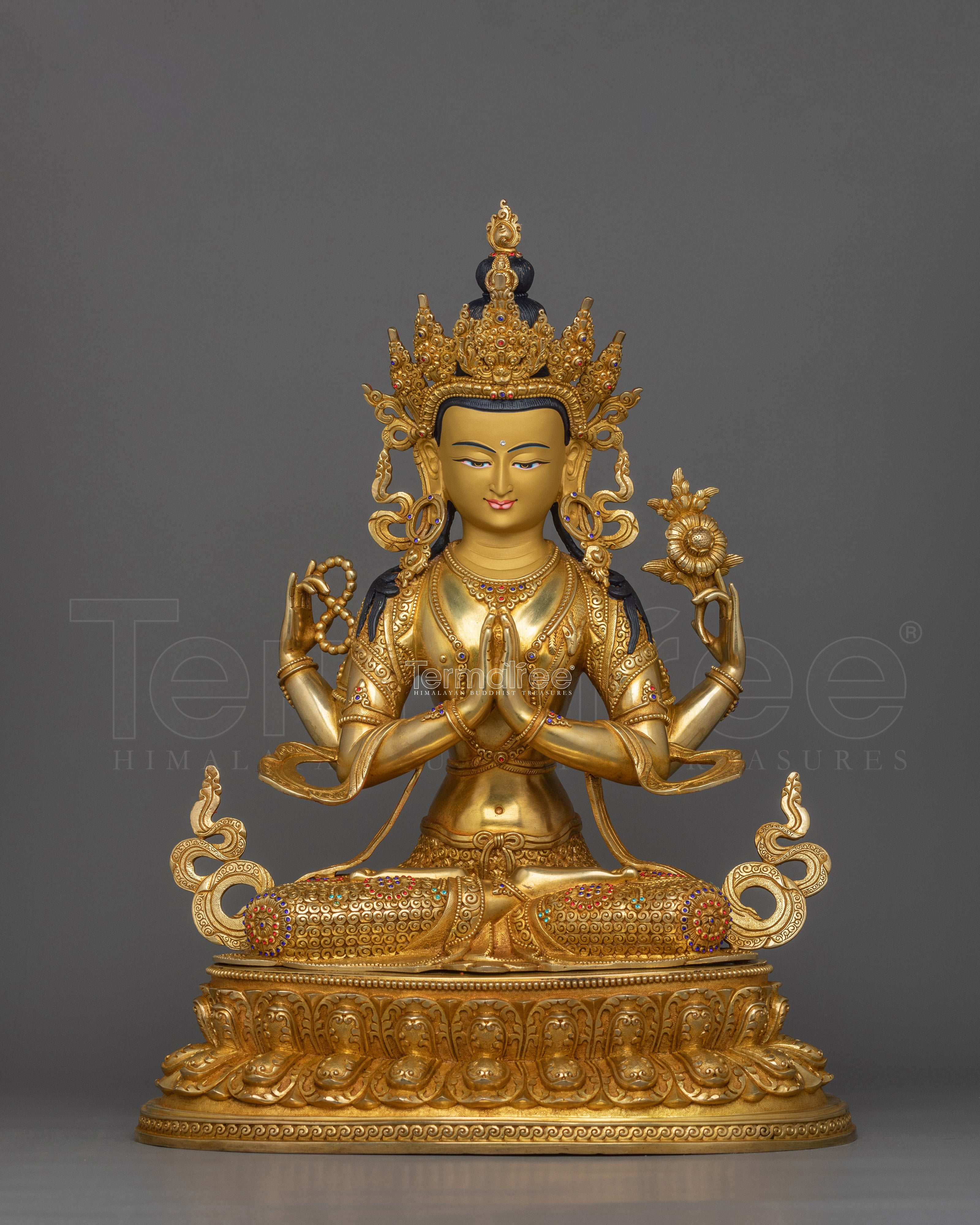 Handcrafted Sculpture of 4 Armed Chenrezig | 24K Gold Gilded