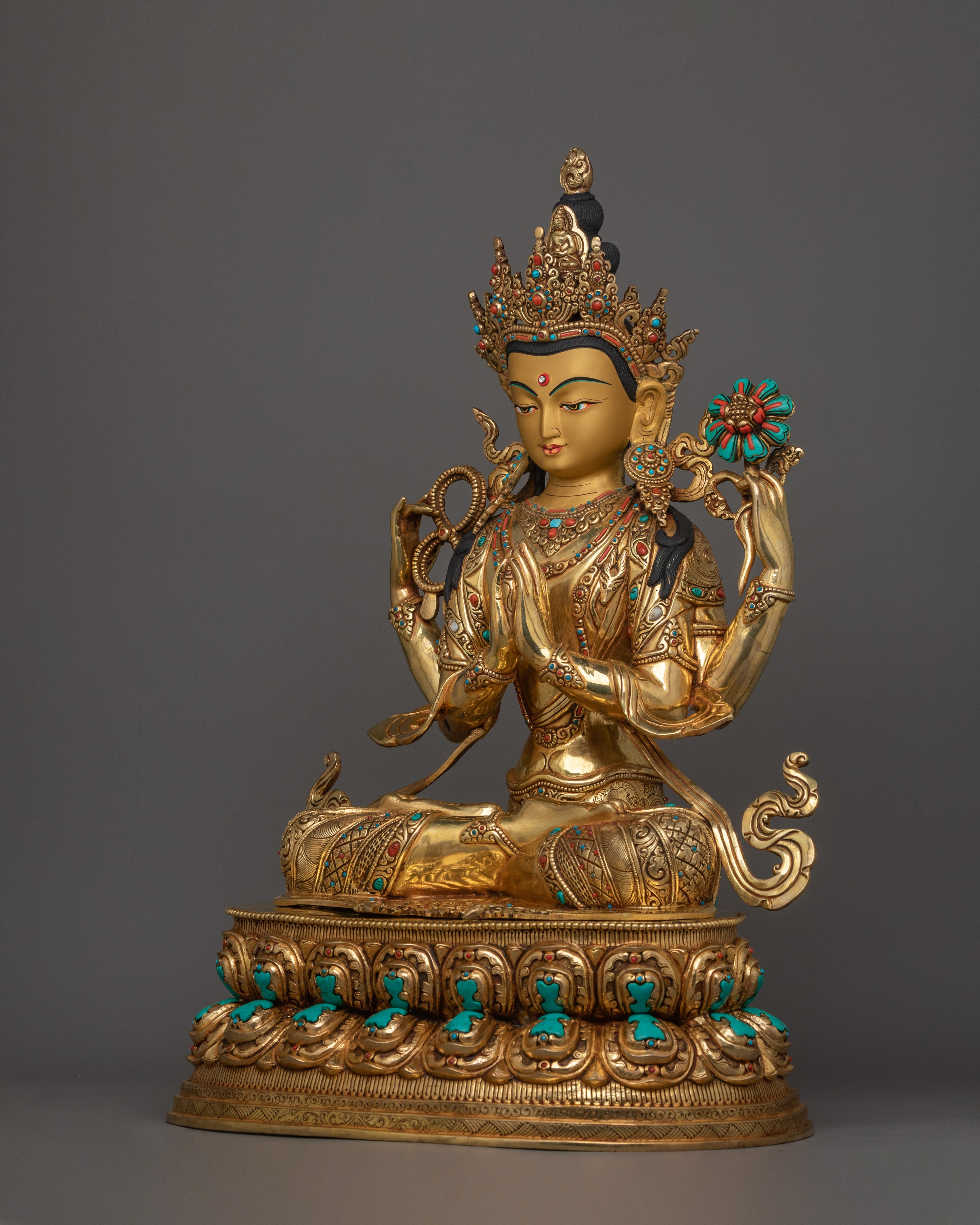 Handmade Sculpture of 4 Armed Chenrezig | The Embodiment of Infinite Compassion