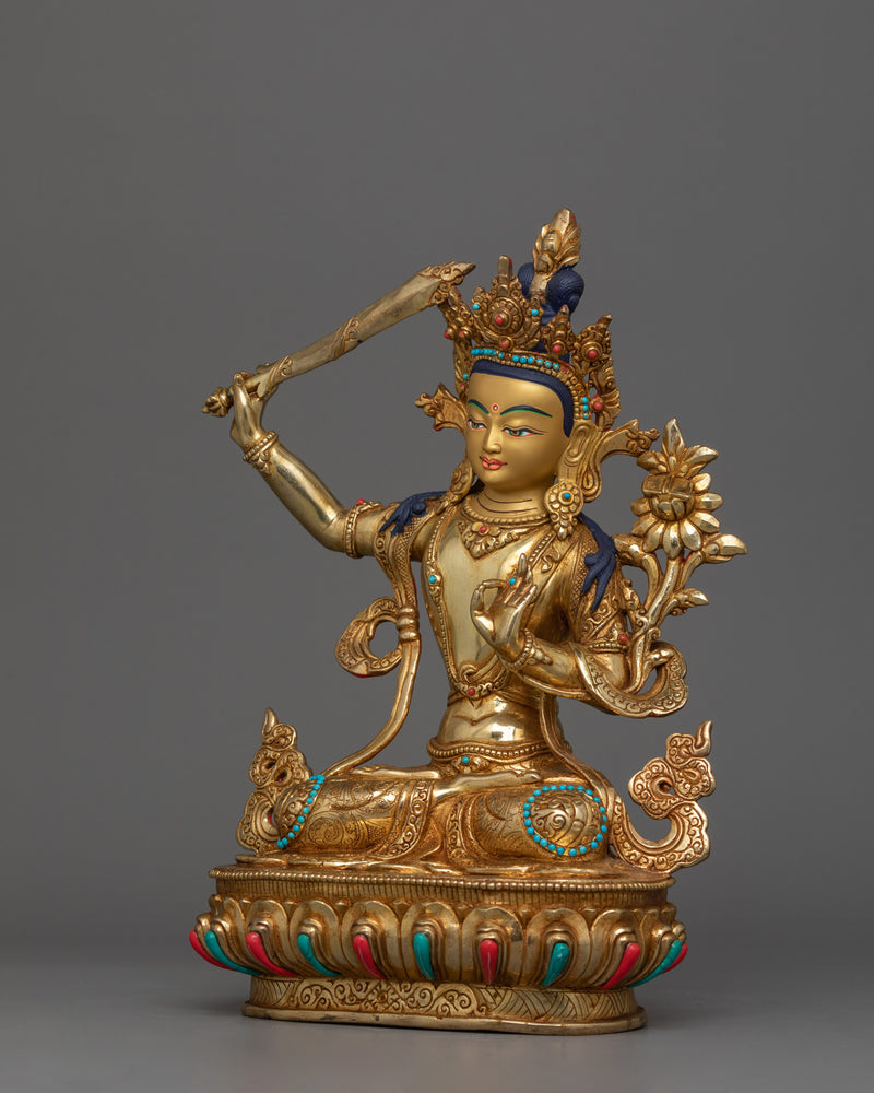 Manjushri with Hand Carved Gemstones Statue | The Embodiment of Wisdom
