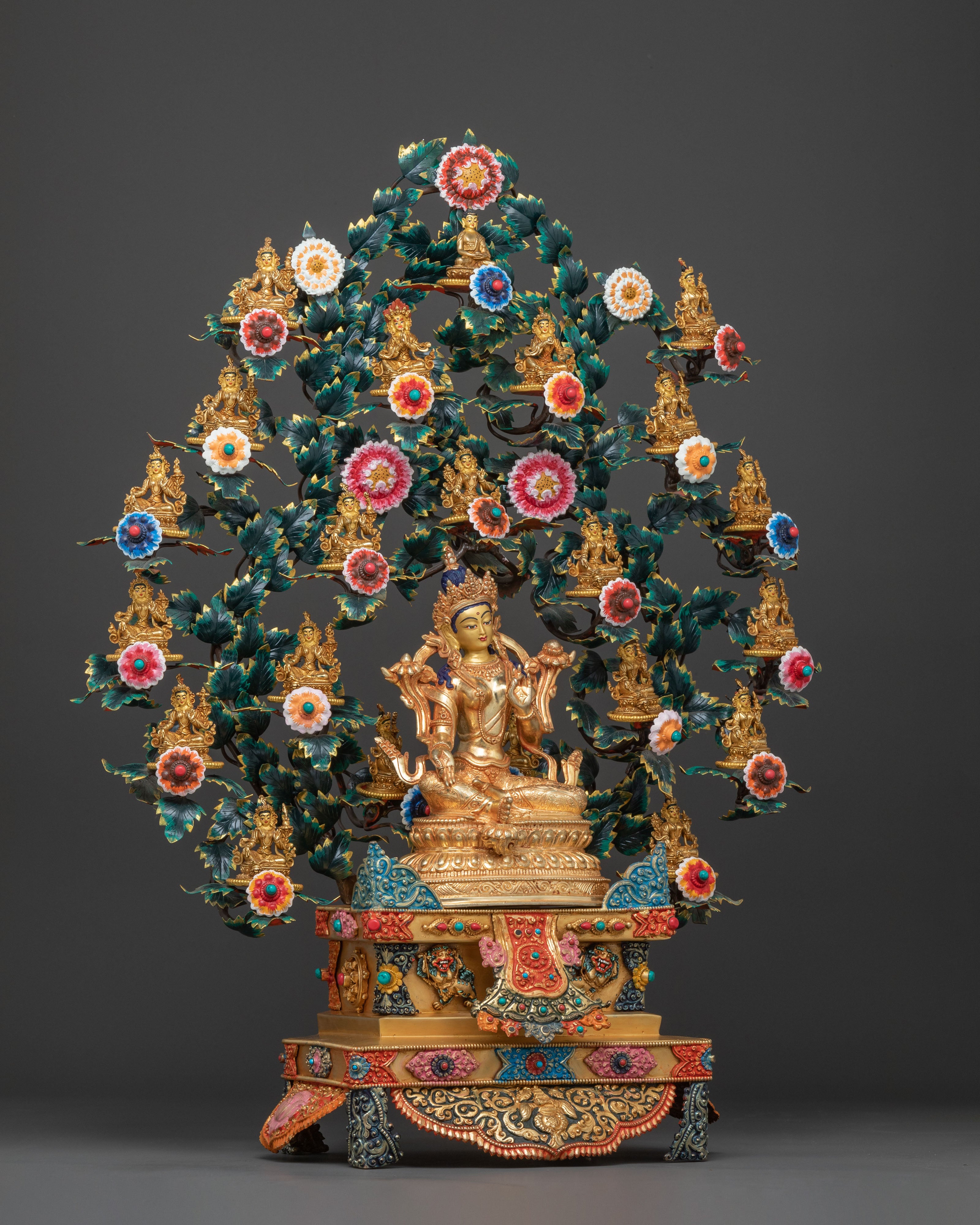 Magnificent 21 Tara statue set | 24K Gold Gilded with Handcarved Gemstones Statue Set