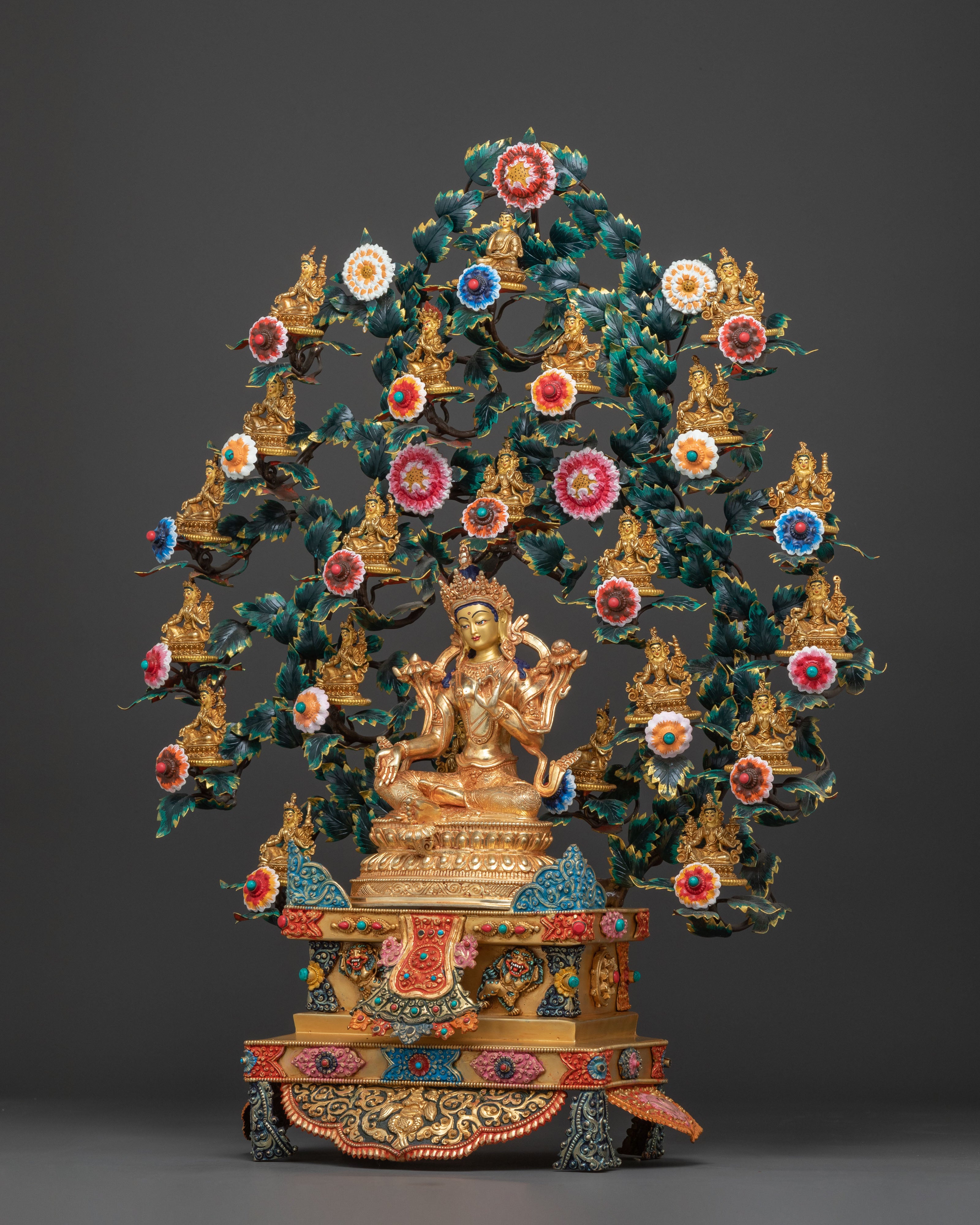 Magnificent 21 Tara statue set | 24K Gold Gilded with Handcarved Gemstones Statue Set
