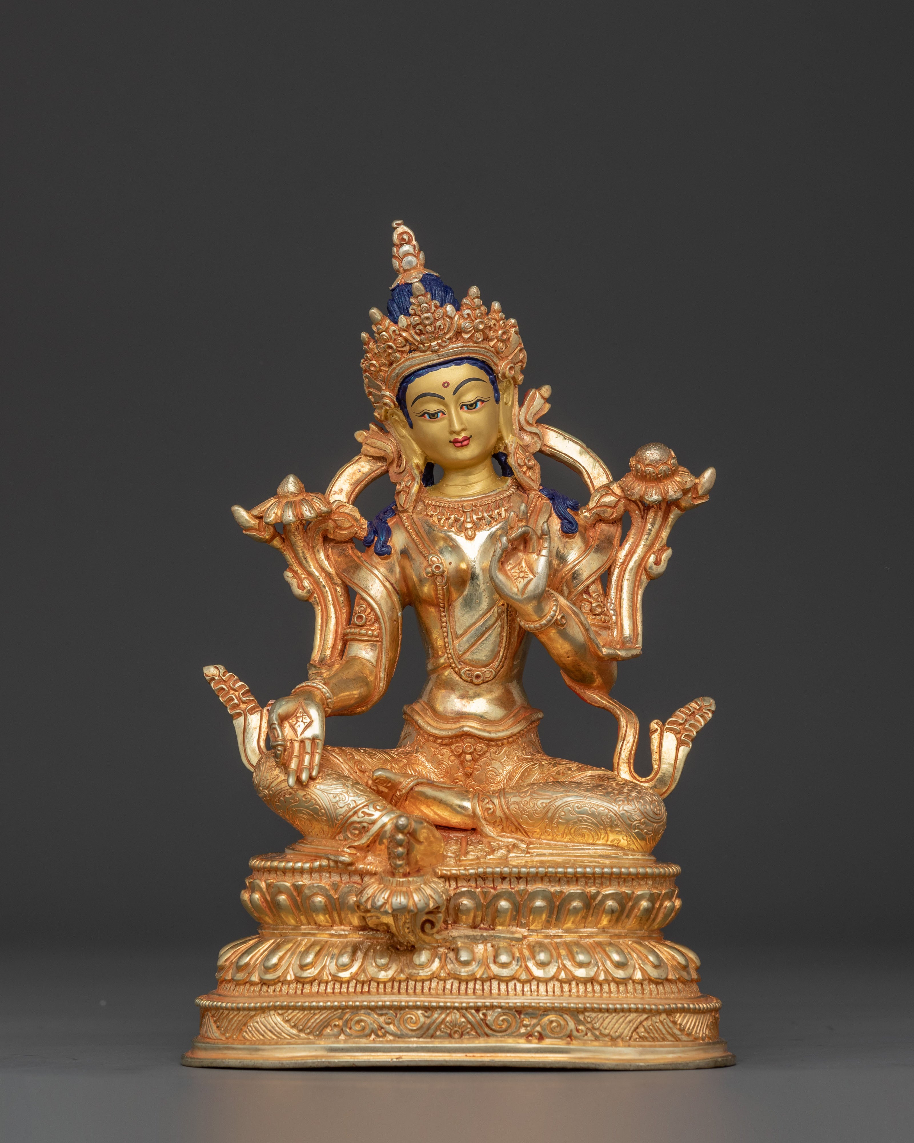 Magnificent 21 Tara statue set | 24K Gold Gilded with Handcarved Gemstones Statue Set
