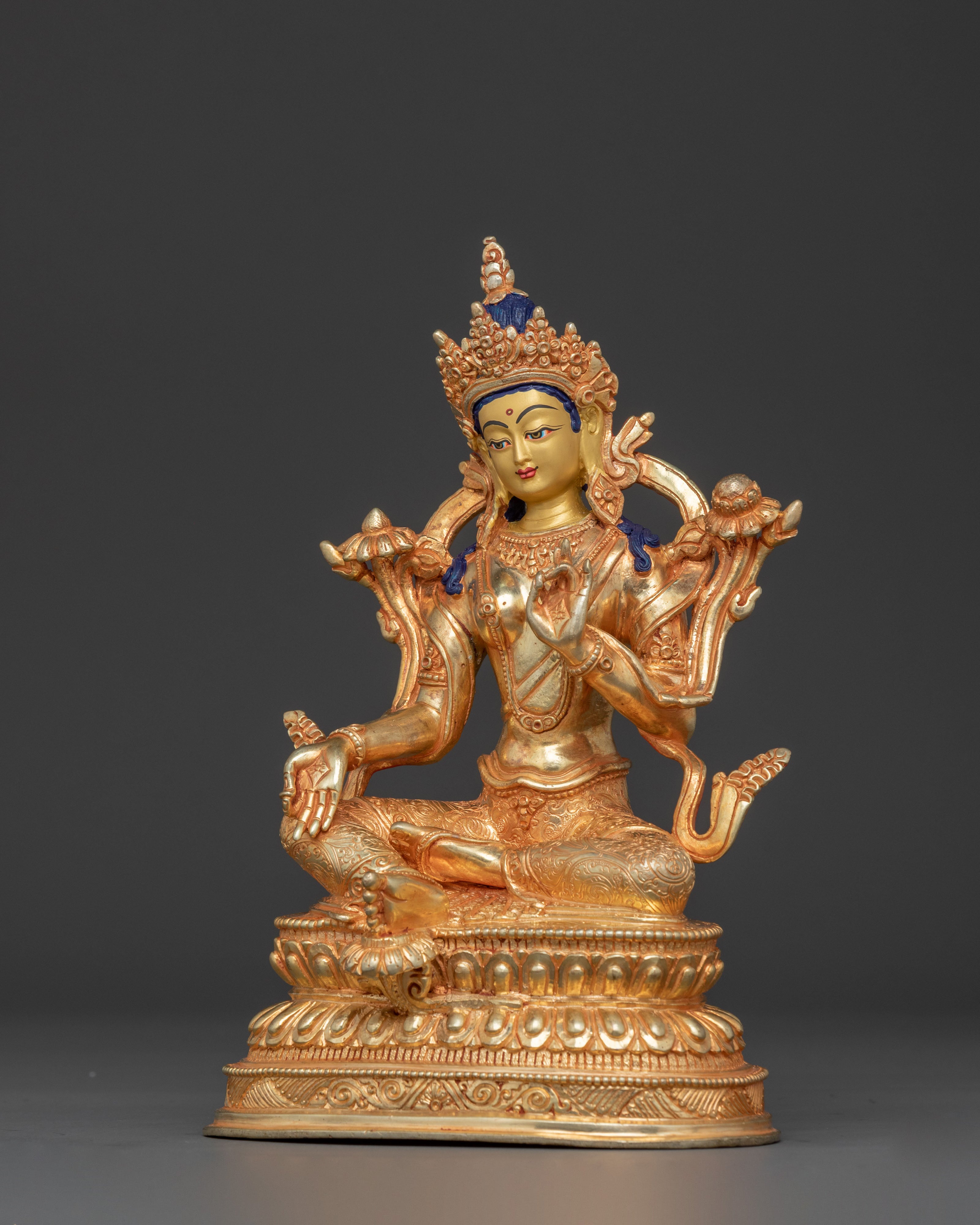 Magnificent 21 Tara statue set | 24K Gold Gilded with Handcarved Gemstones Statue Set