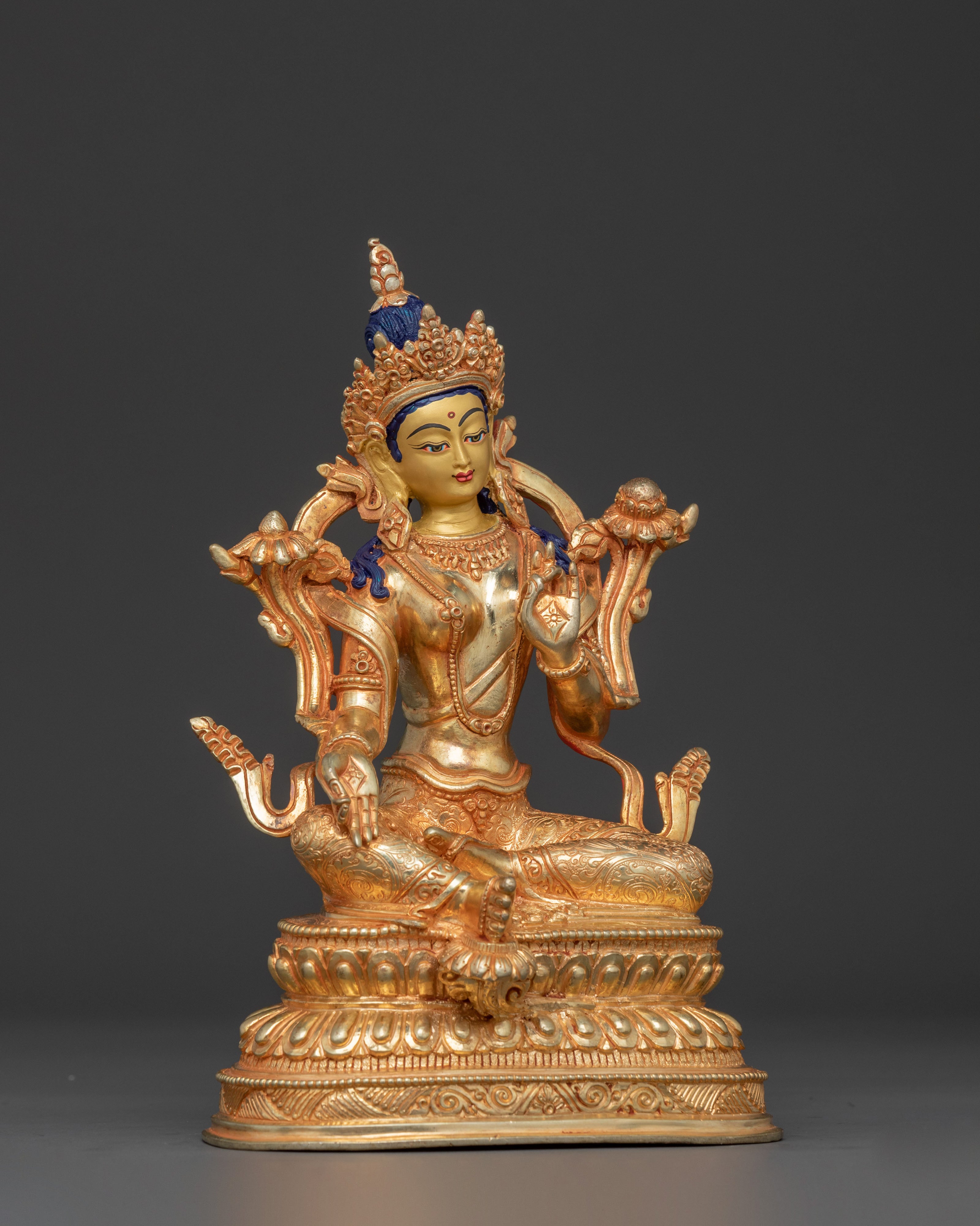 Magnificent 21 Tara statue set | 24K Gold Gilded with Handcarved Gemstones Statue Set