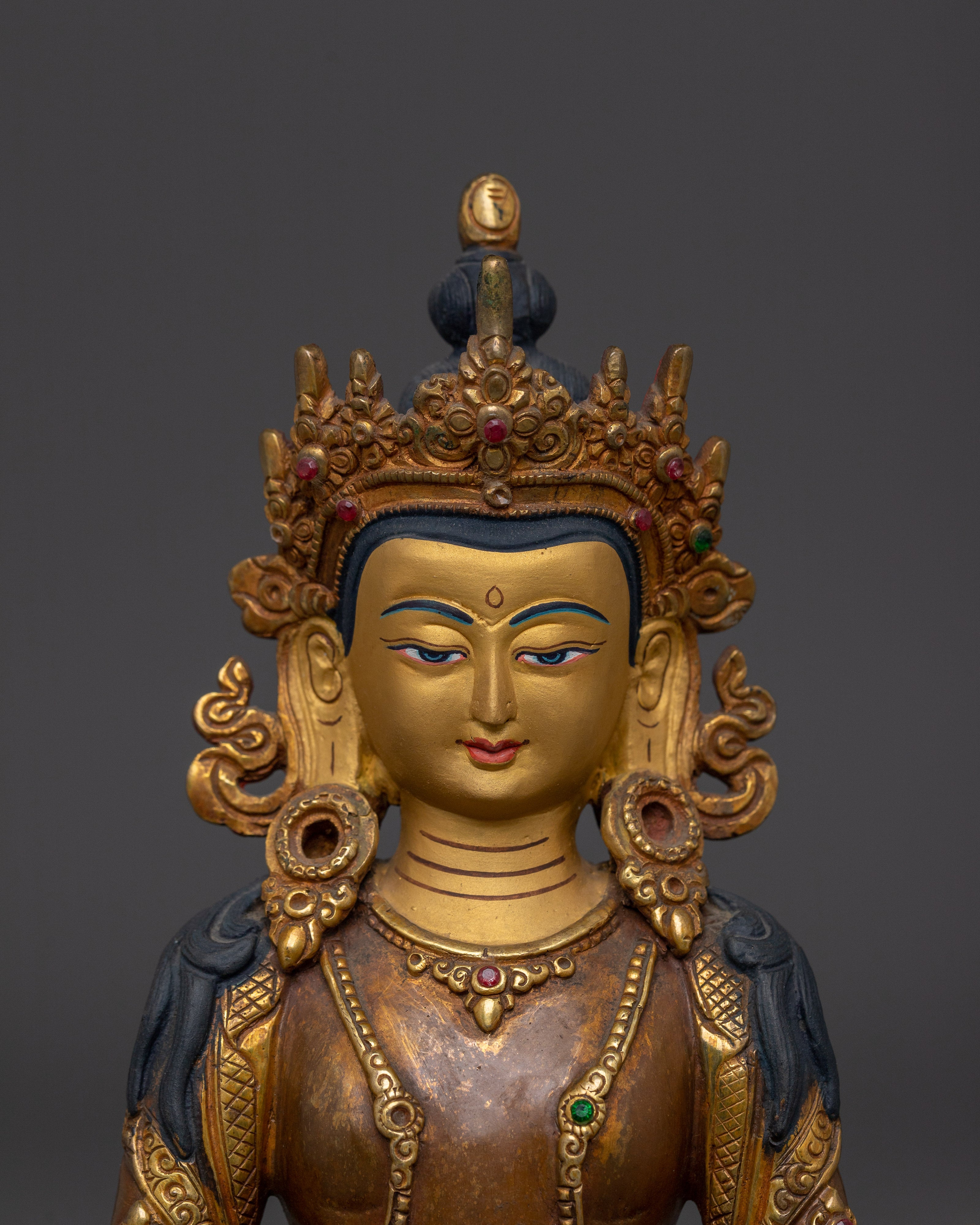 Himalayan Copper Art of Amitayus | 24K Gold Gilded Deity for Longevity and Blessings