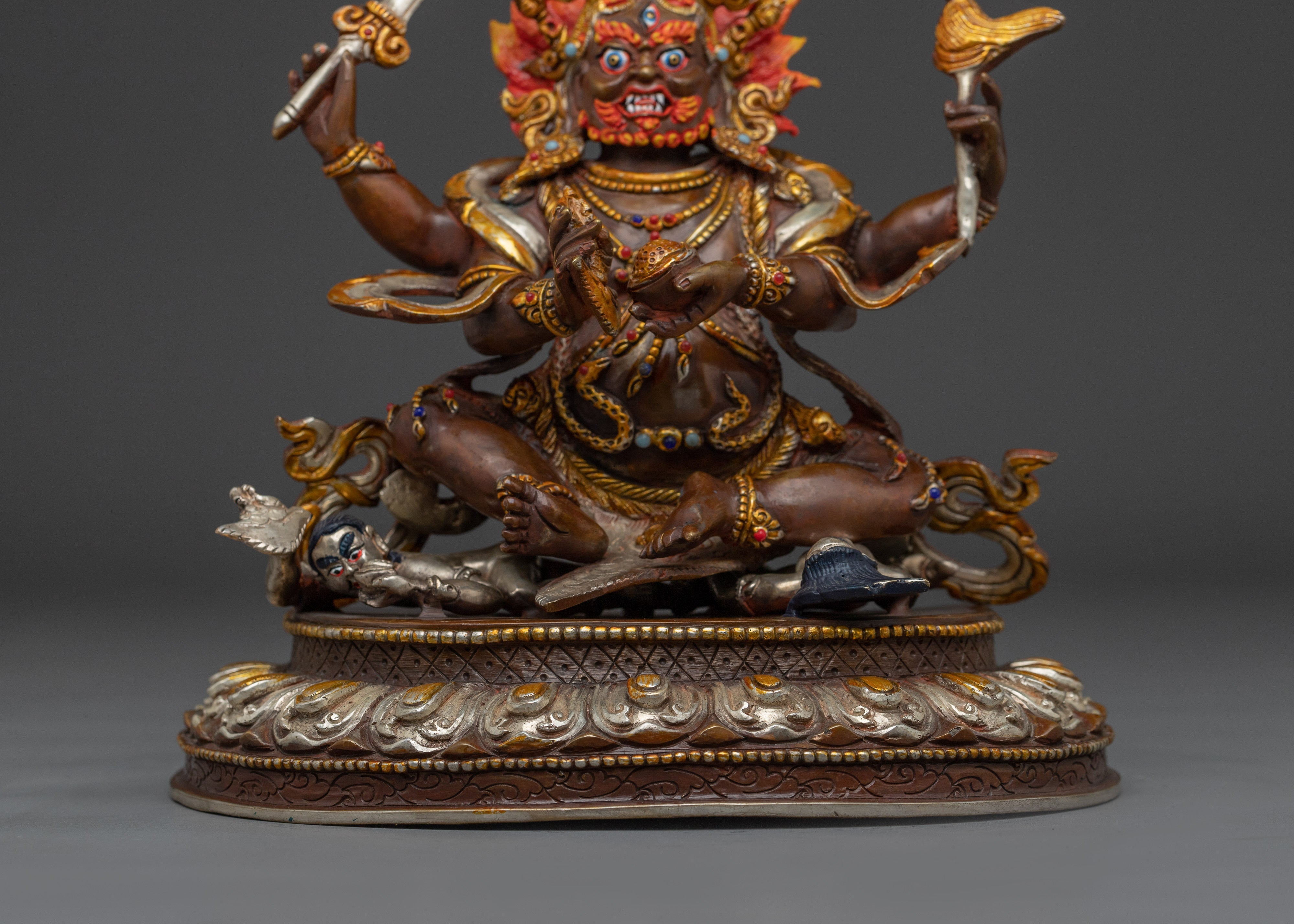 Fierce Mahakala Sculpture with Flame Halo | Wrathful Protector Deity