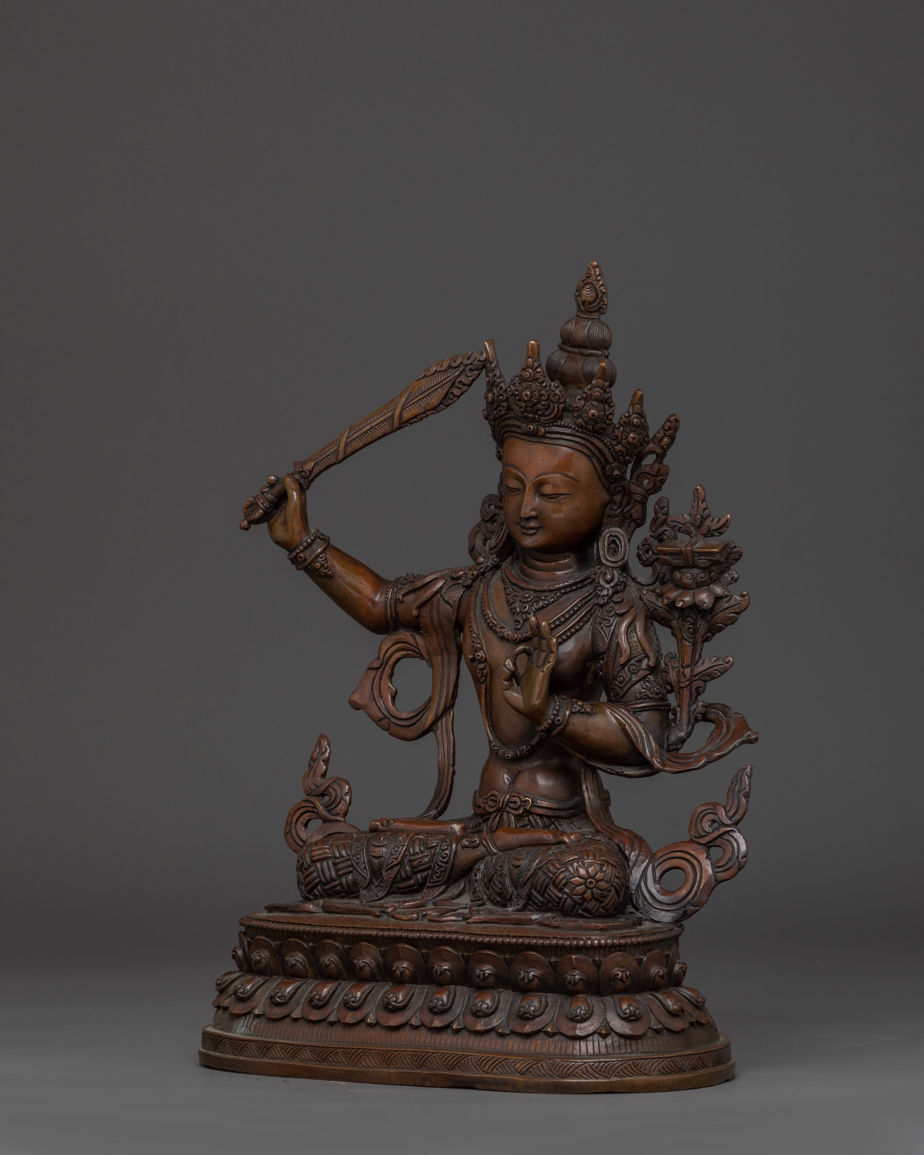 Handcrafted Oxidized copper Manjushri statue | Sculpture of the Bodhisattva of Wisdom