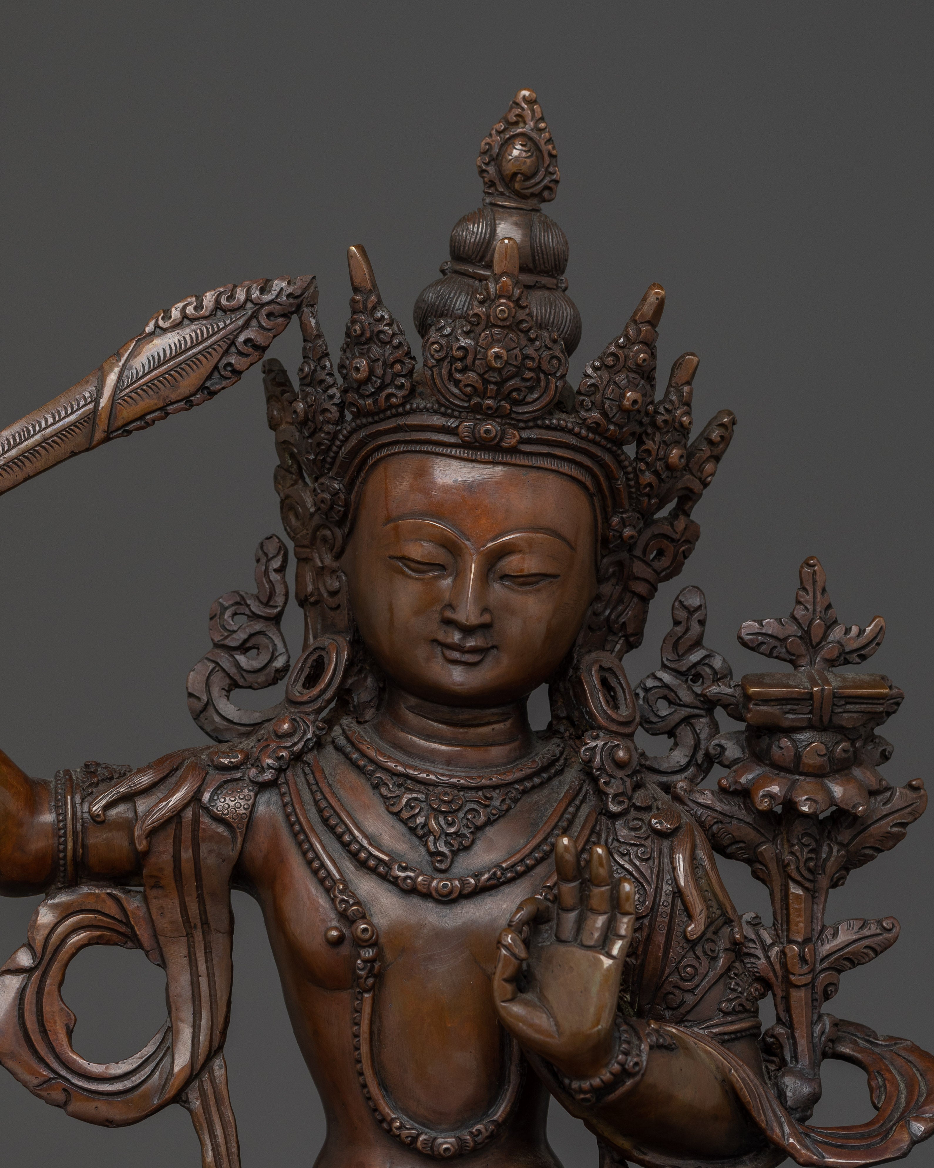Handcrafted Oxidized copper Manjushri statue | Sculpture of the Bodhisattva of Wisdom