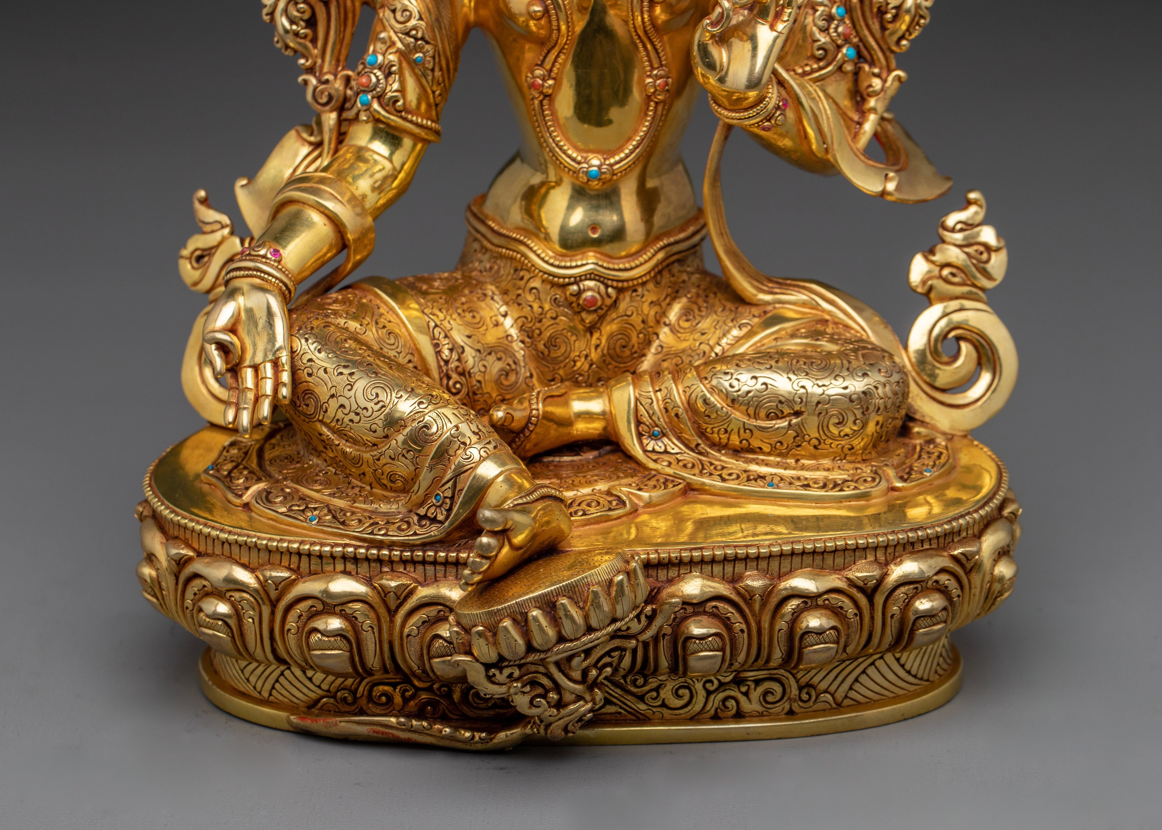 Elegant 24K gold-gilded Green Tara statue | Copper Sculpture of the Divine Feminine