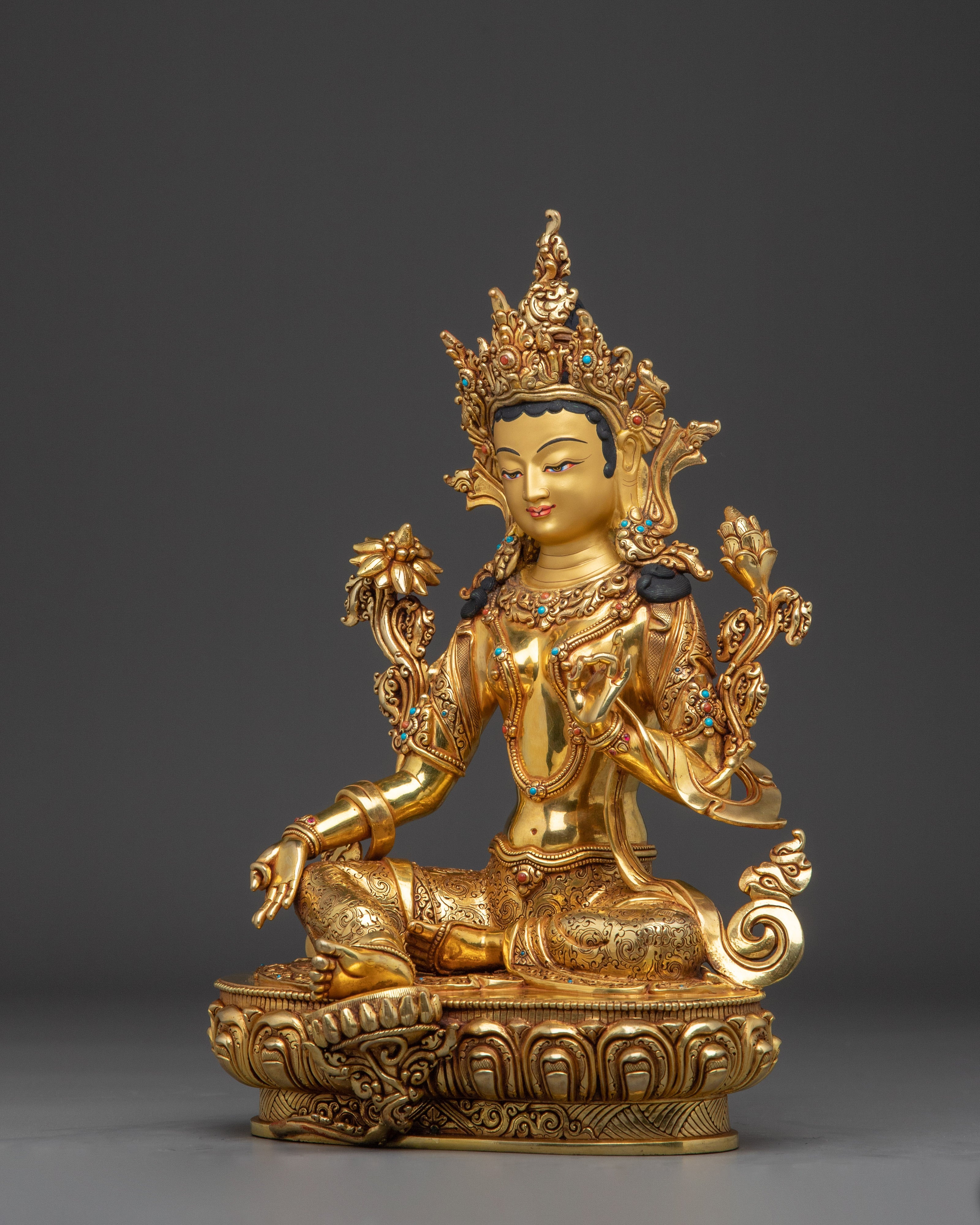 Elegant 24K gold-gilded Green Tara statue | Copper Sculpture of the Divine Feminine