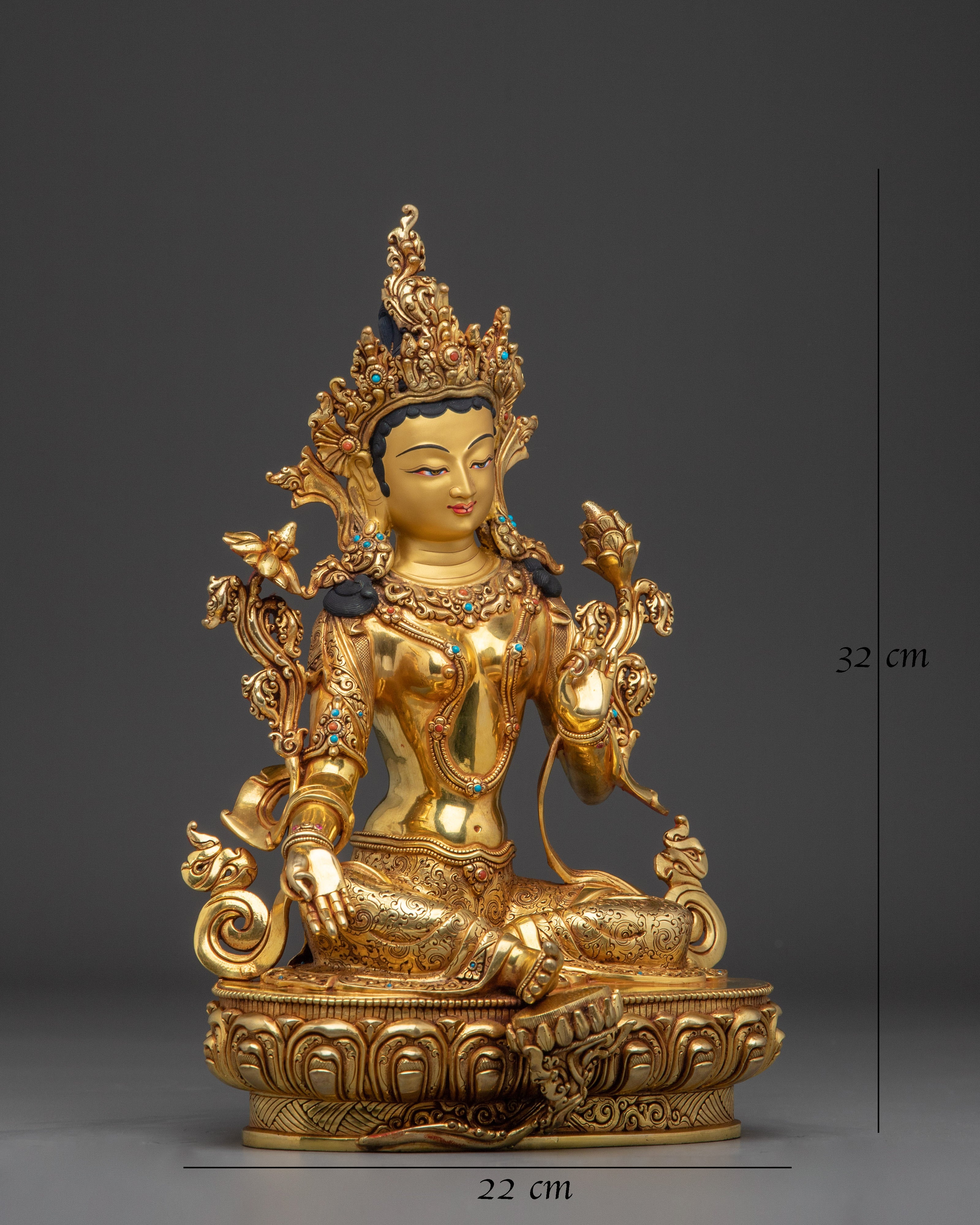 Elegant 24K gold-gilded Green Tara statue