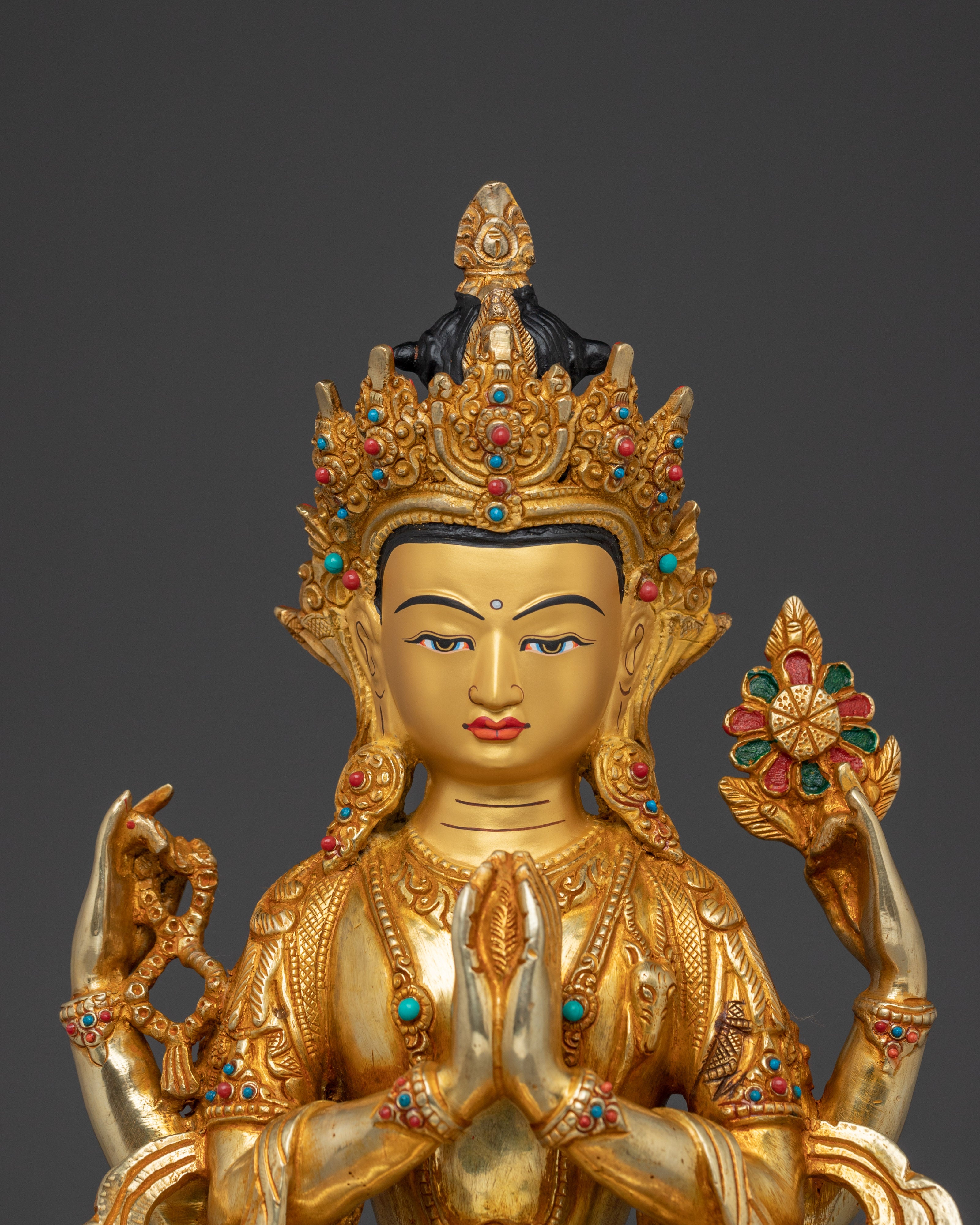 Handcrafted Chenrezig Copper Artwork with Gemstones Statue | Meditation & Spiritual Decor