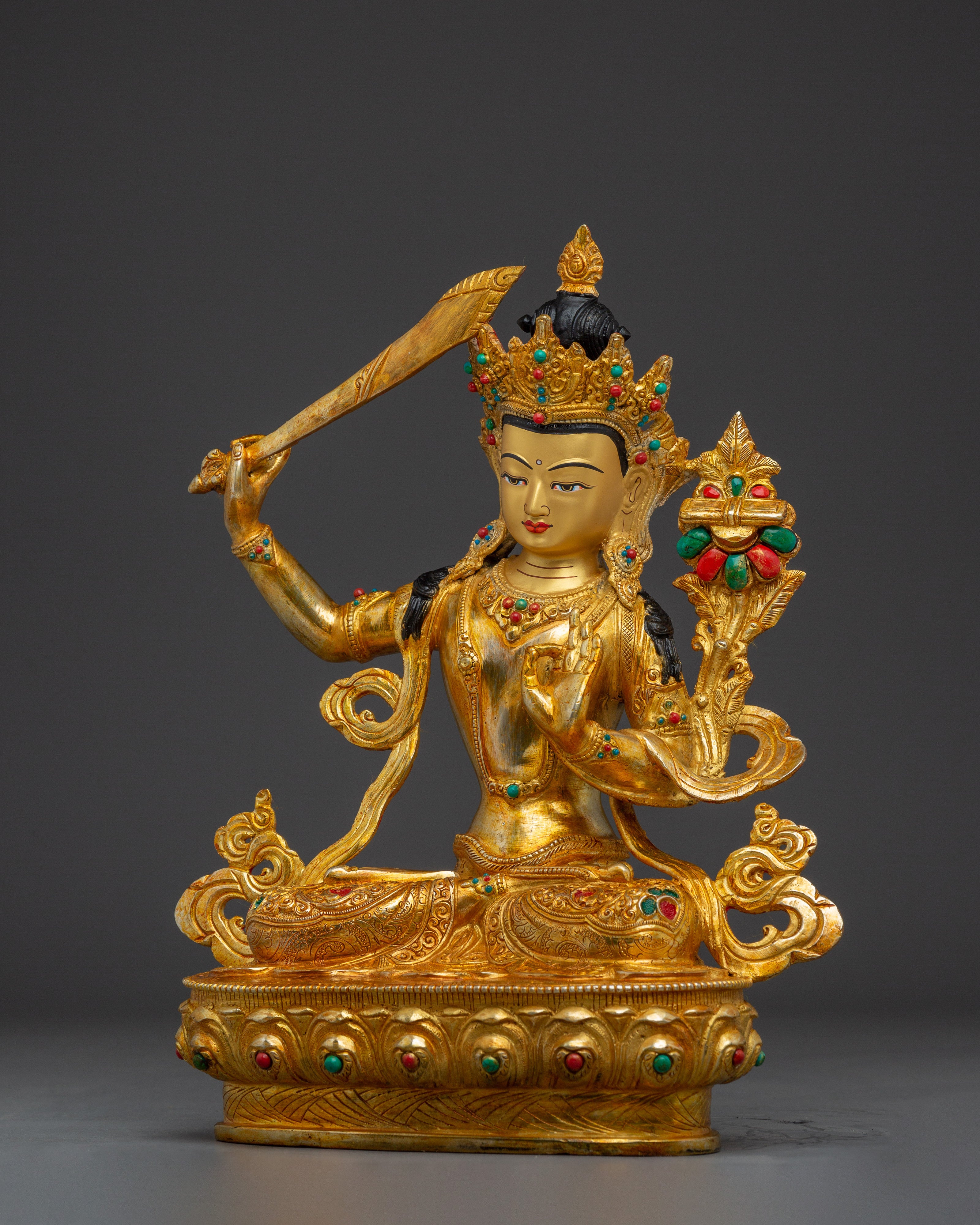 Handcrafted Manjushri Buddhist Copper Statue | Sacred Deity for Meditation Growth