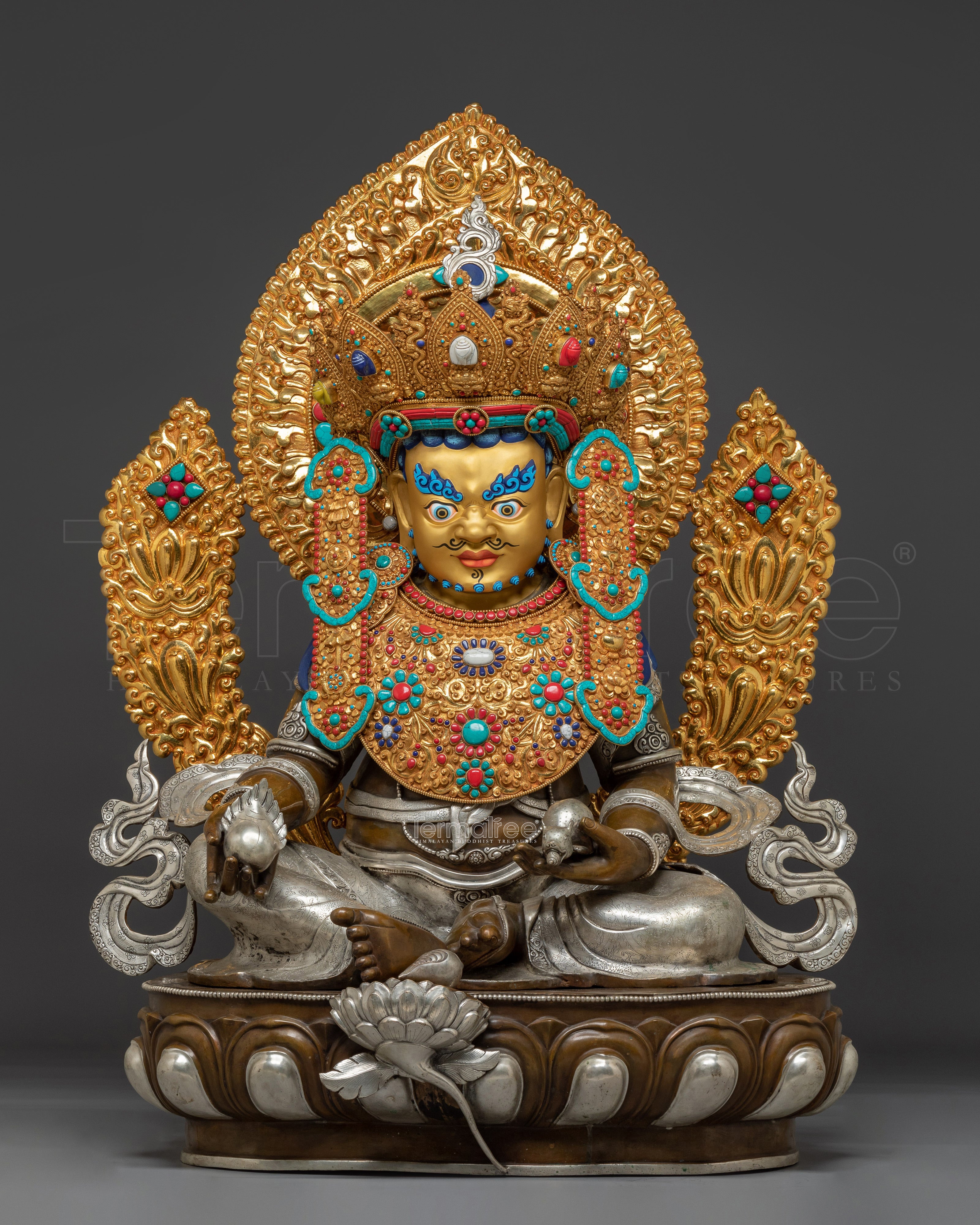 Handcrafted Dzambhala Statue in Oxidized Copper | Silver-Plated Buddhist Wealth Deity