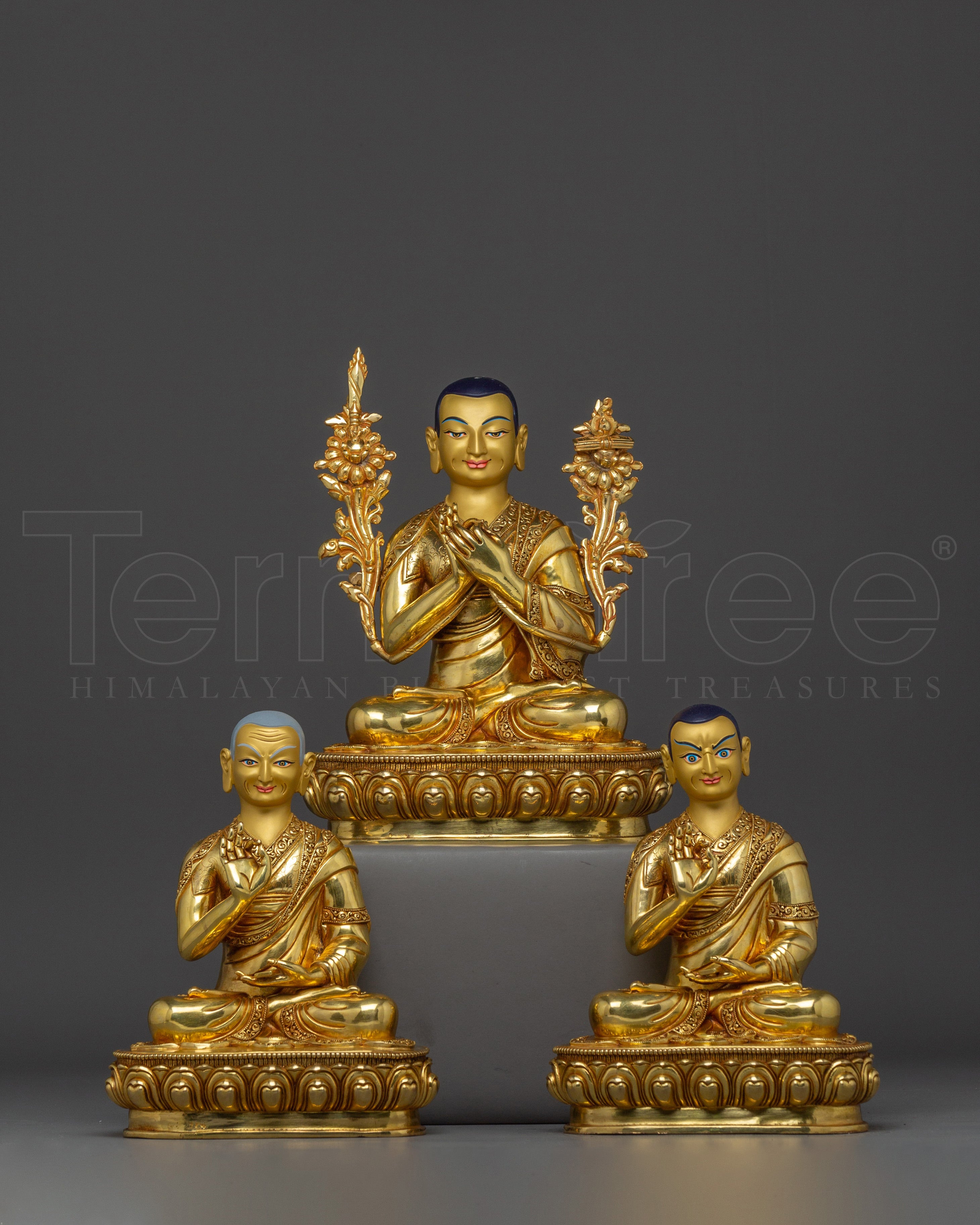Gold Gilded Copper Statues of Tsongkhapa, Je Gyaltsab, and Je Khedrup | Perfect for your Altar