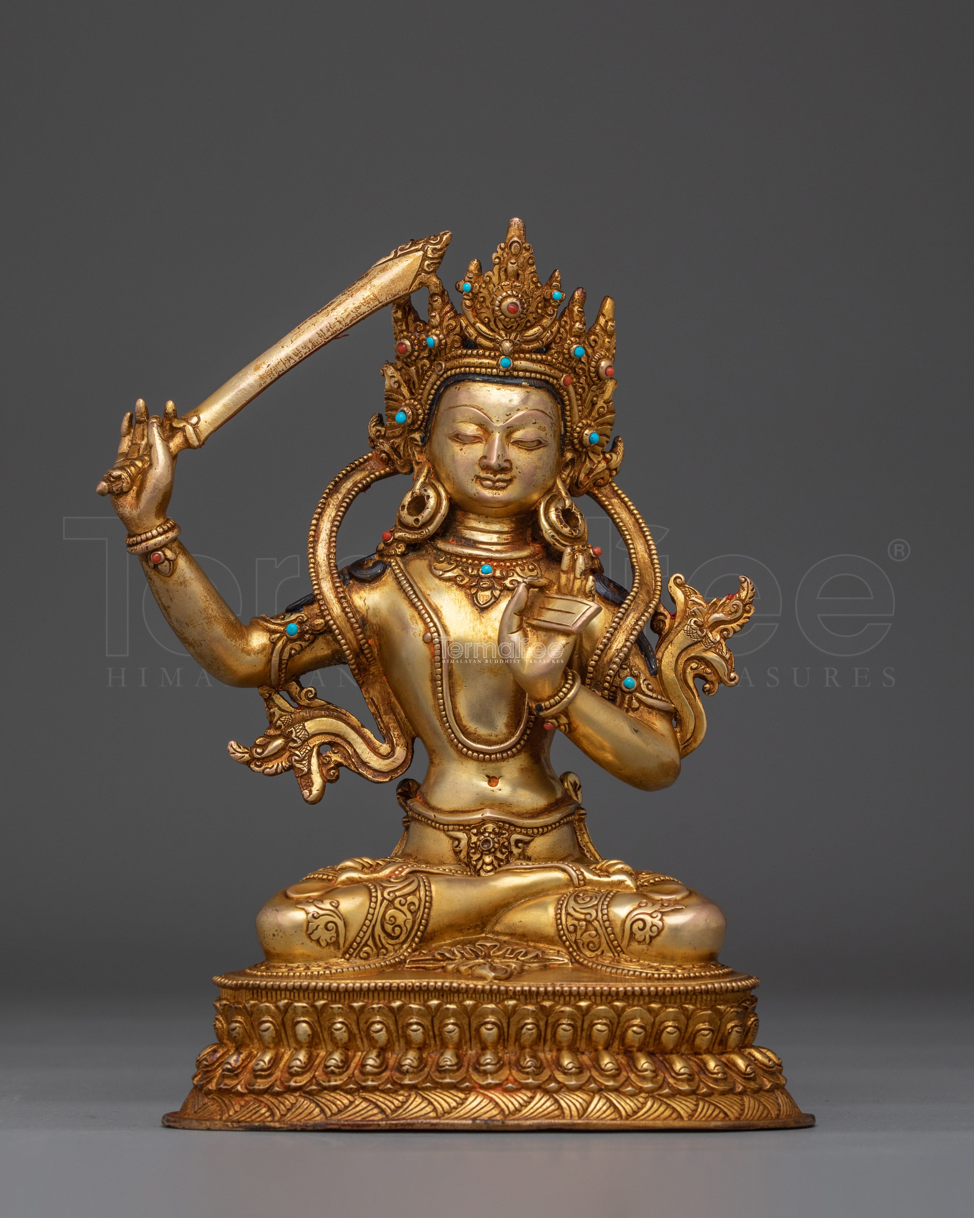 24K gold-gilded Manjushri Sculpture | Copper Deity for Wisdom & Enlightenment
