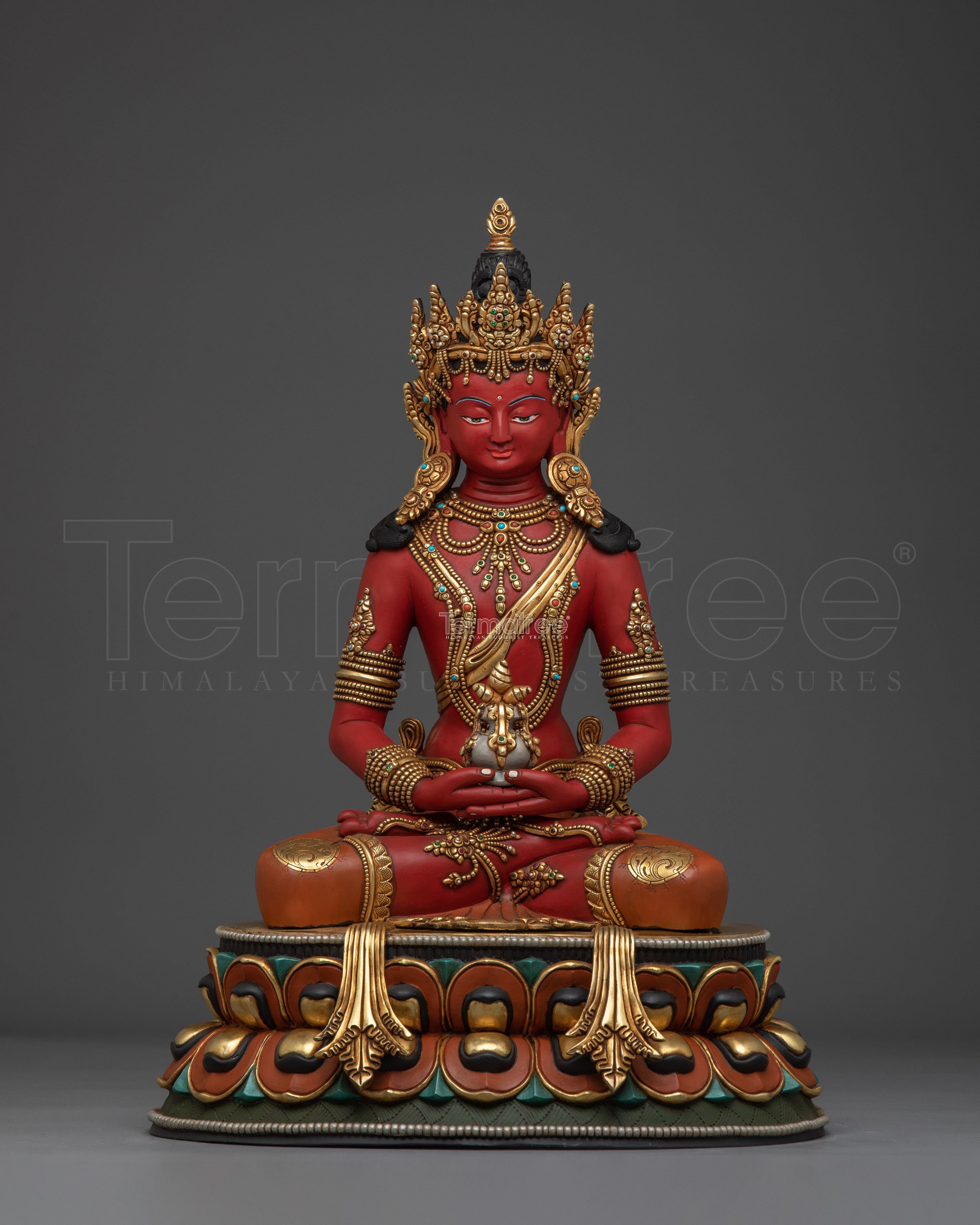 Red Amitayus Copper Statue | Elegant Sculpture for Altar, Meditation, and Healing