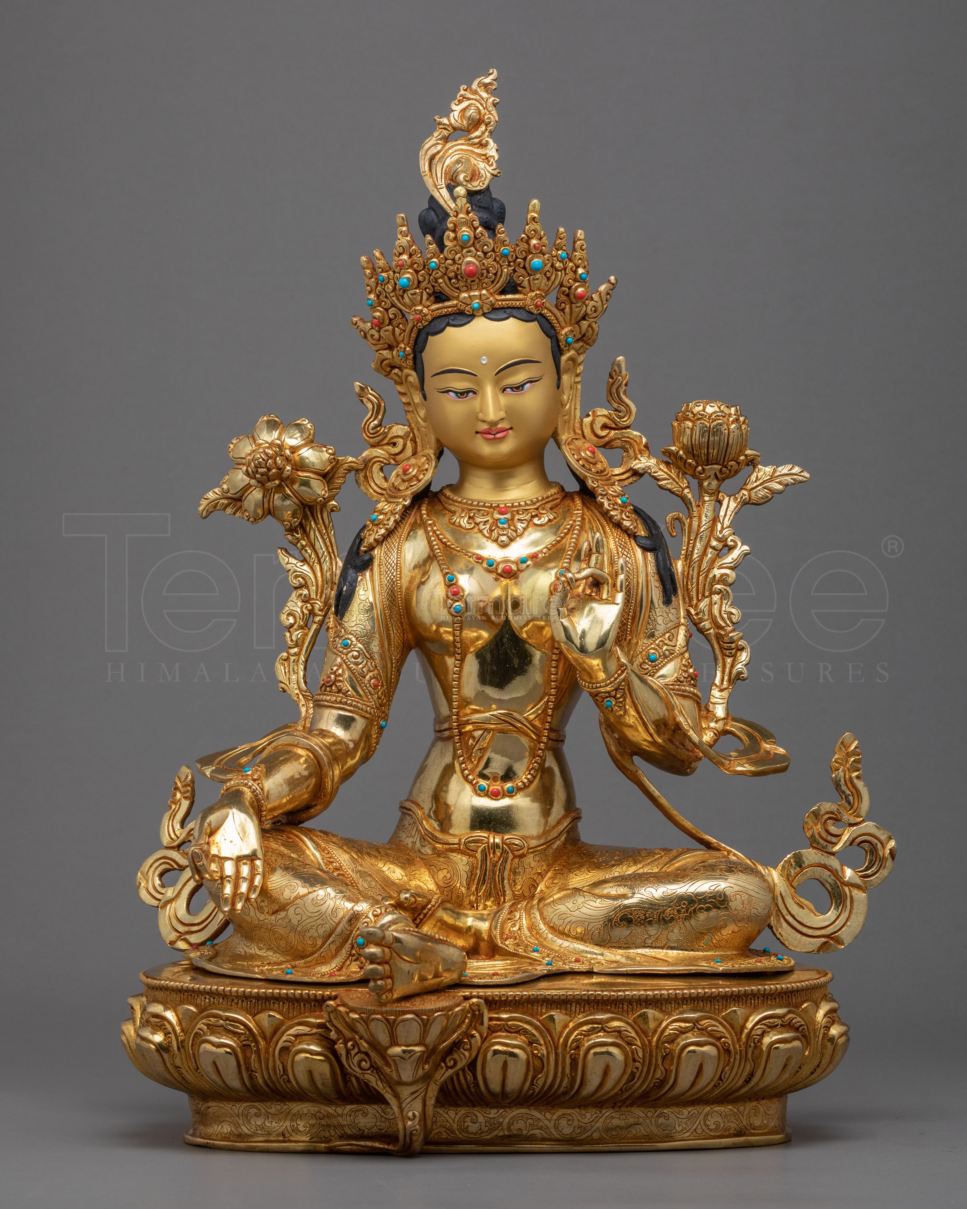 Green Tara Gold Statue | Goddess of Compassion