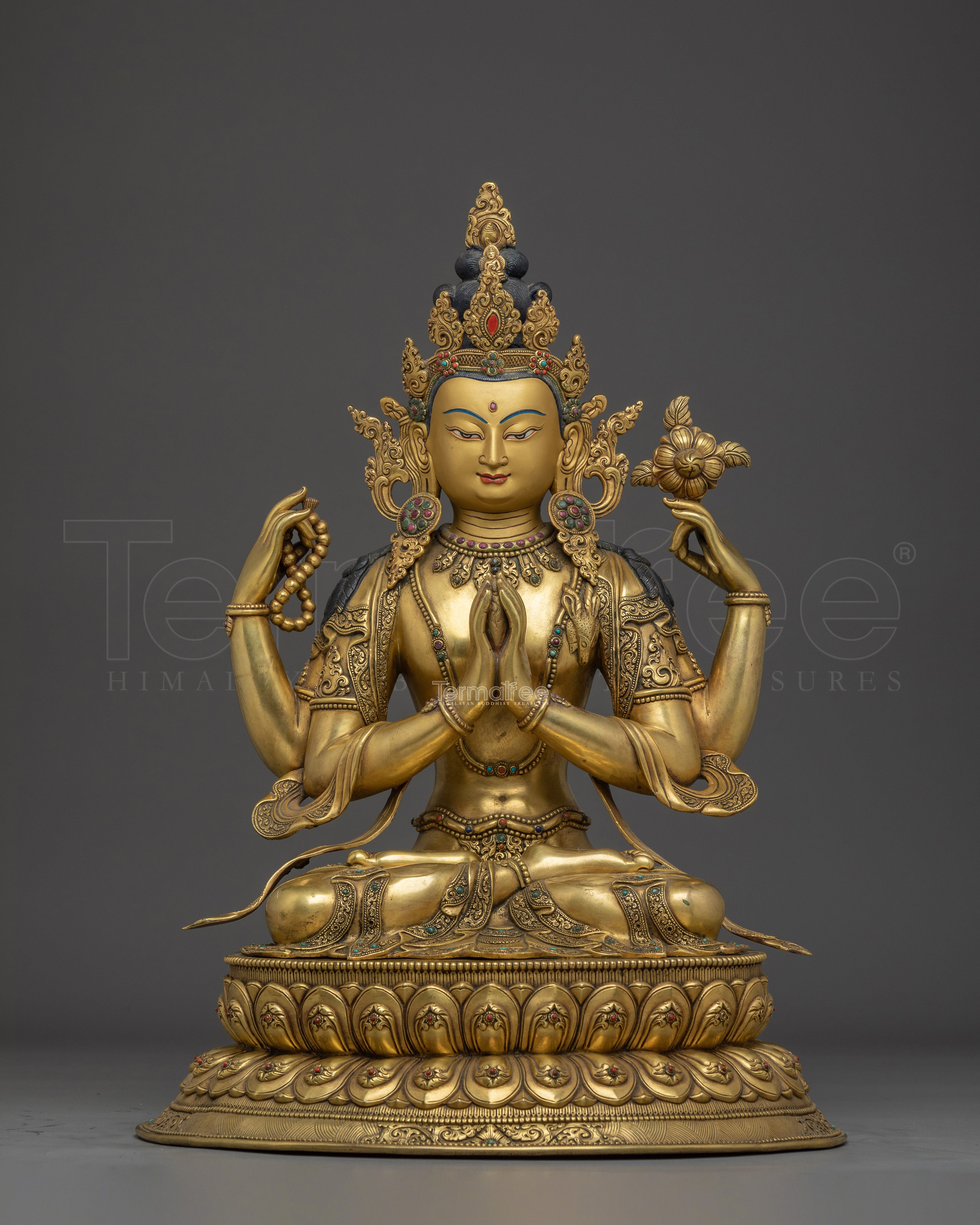 Gold Gilded Chenrezig Art with Copper Body | Tibetan Bodhisattva of Compassion
