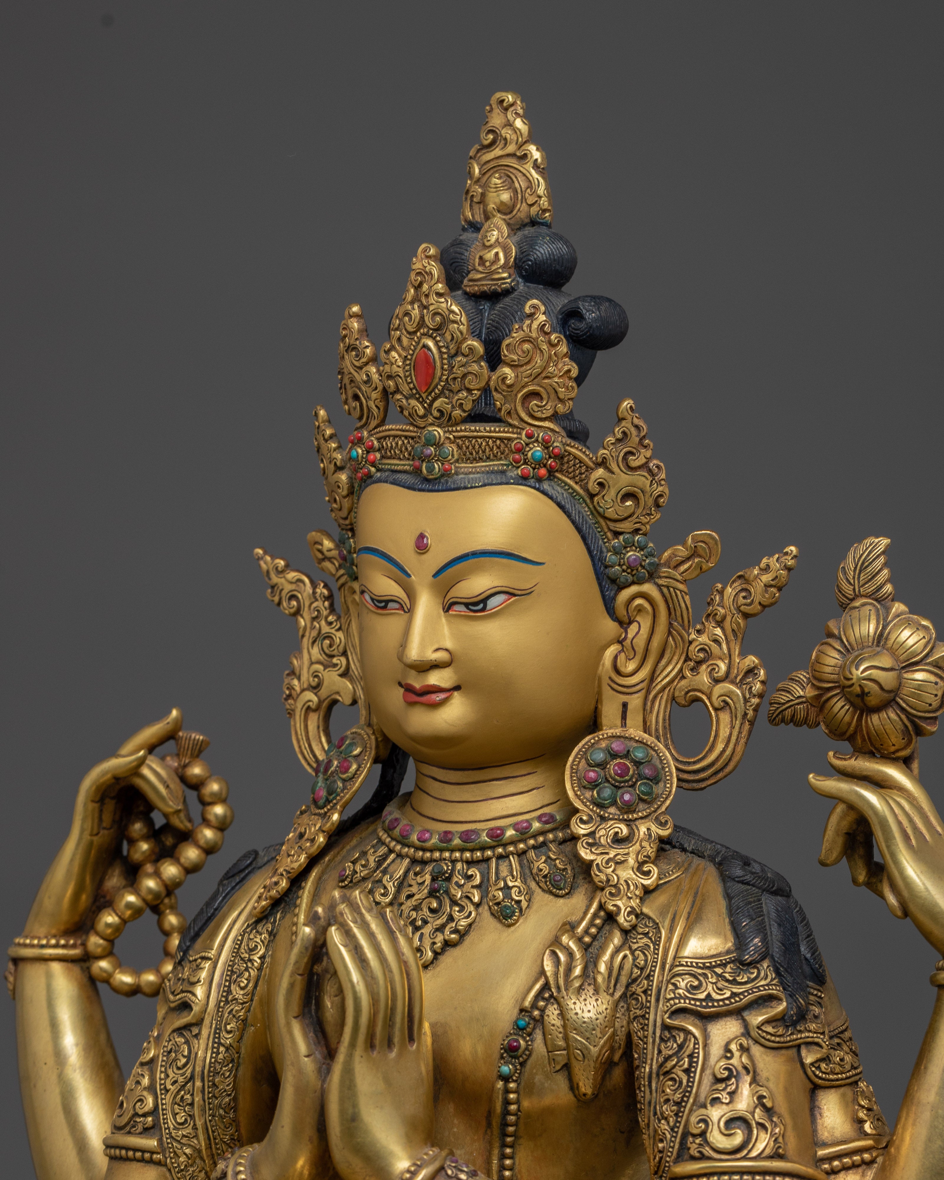 Gold Gilded Chenrezig Art with Copper Body | Tibetan Bodhisattva of Compassion