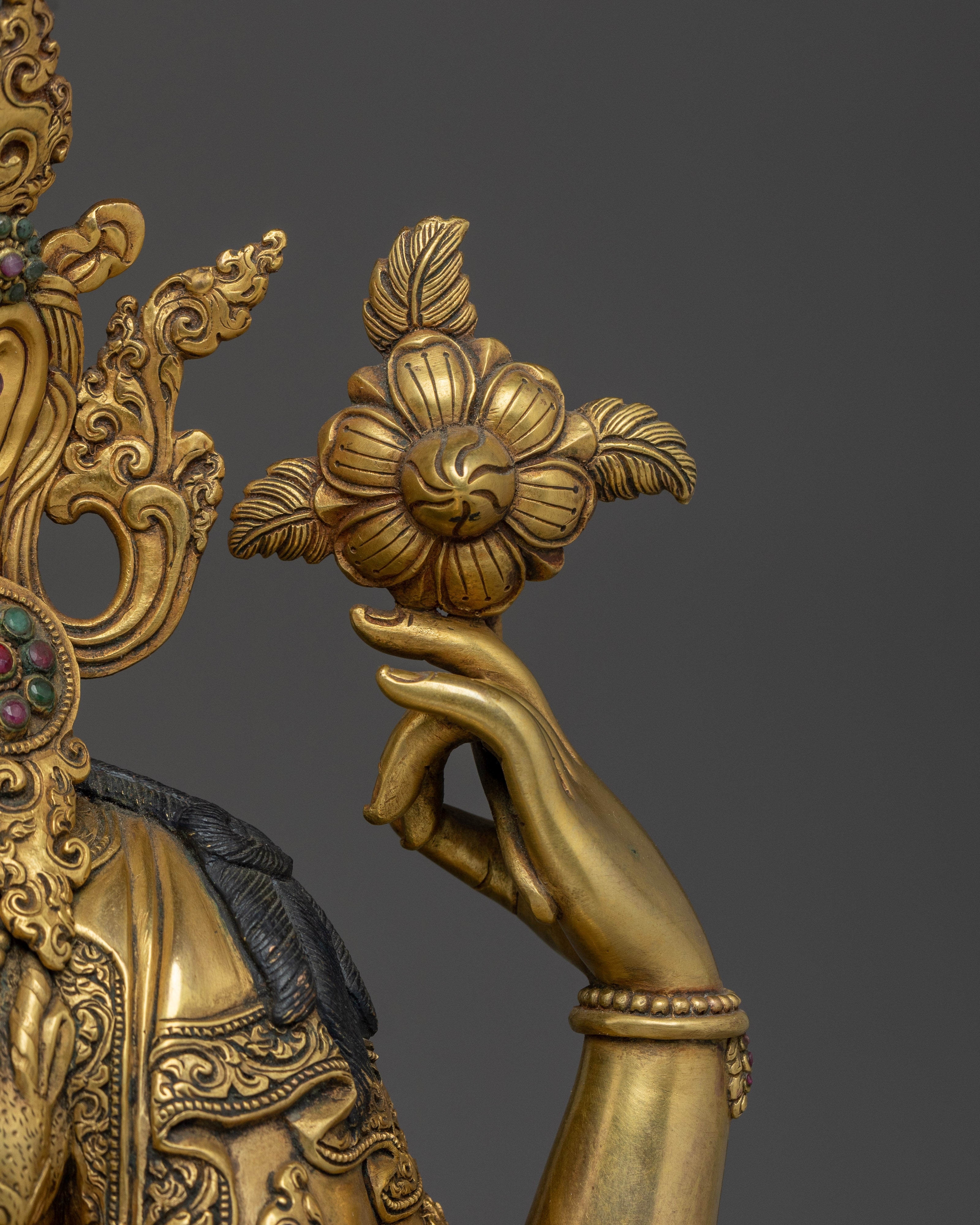 Gold Gilded Chenrezig Art with Copper Body | Tibetan Bodhisattva of Compassion