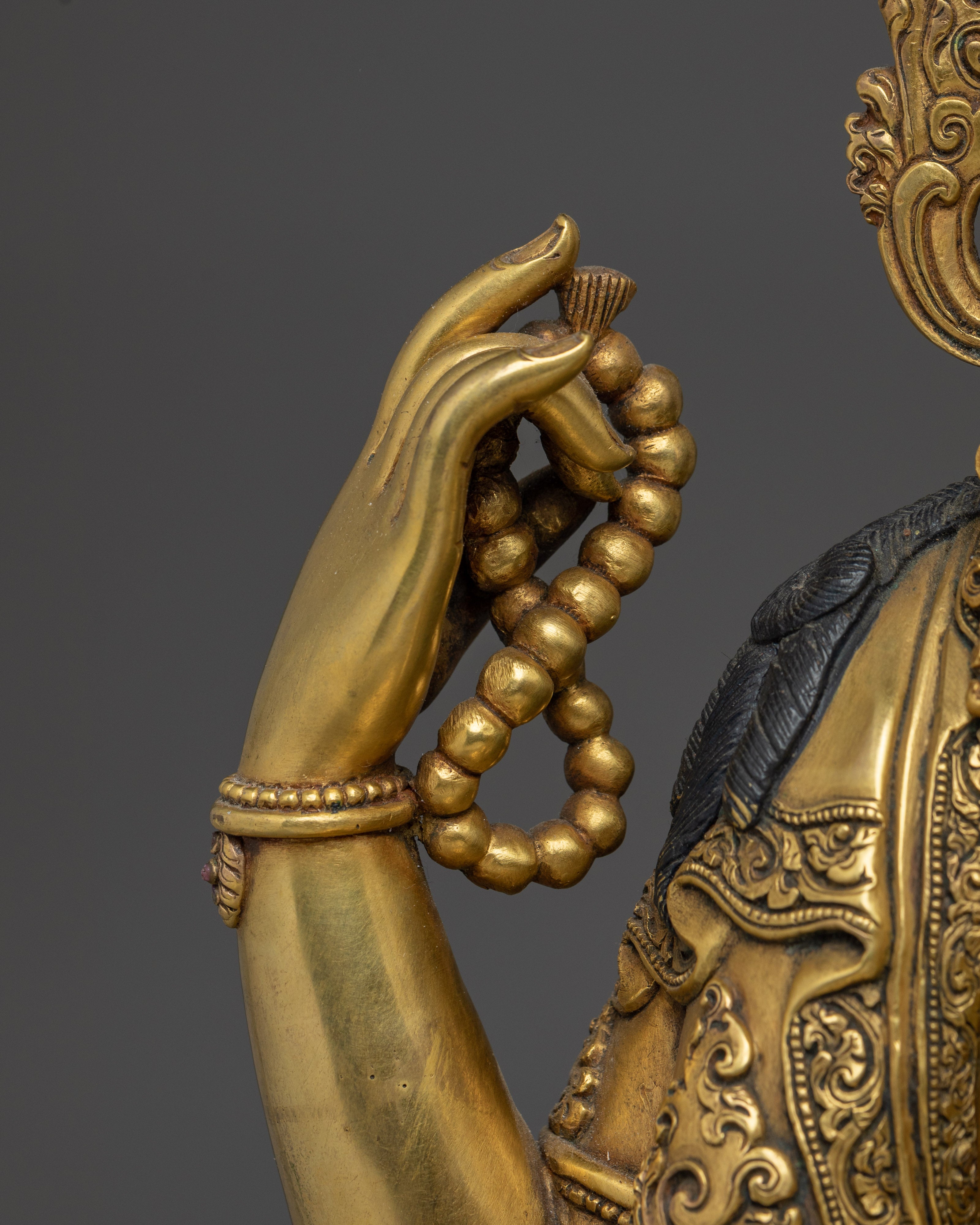 Gold Gilded Chenrezig Art with Copper Body | Tibetan Bodhisattva of Compassion