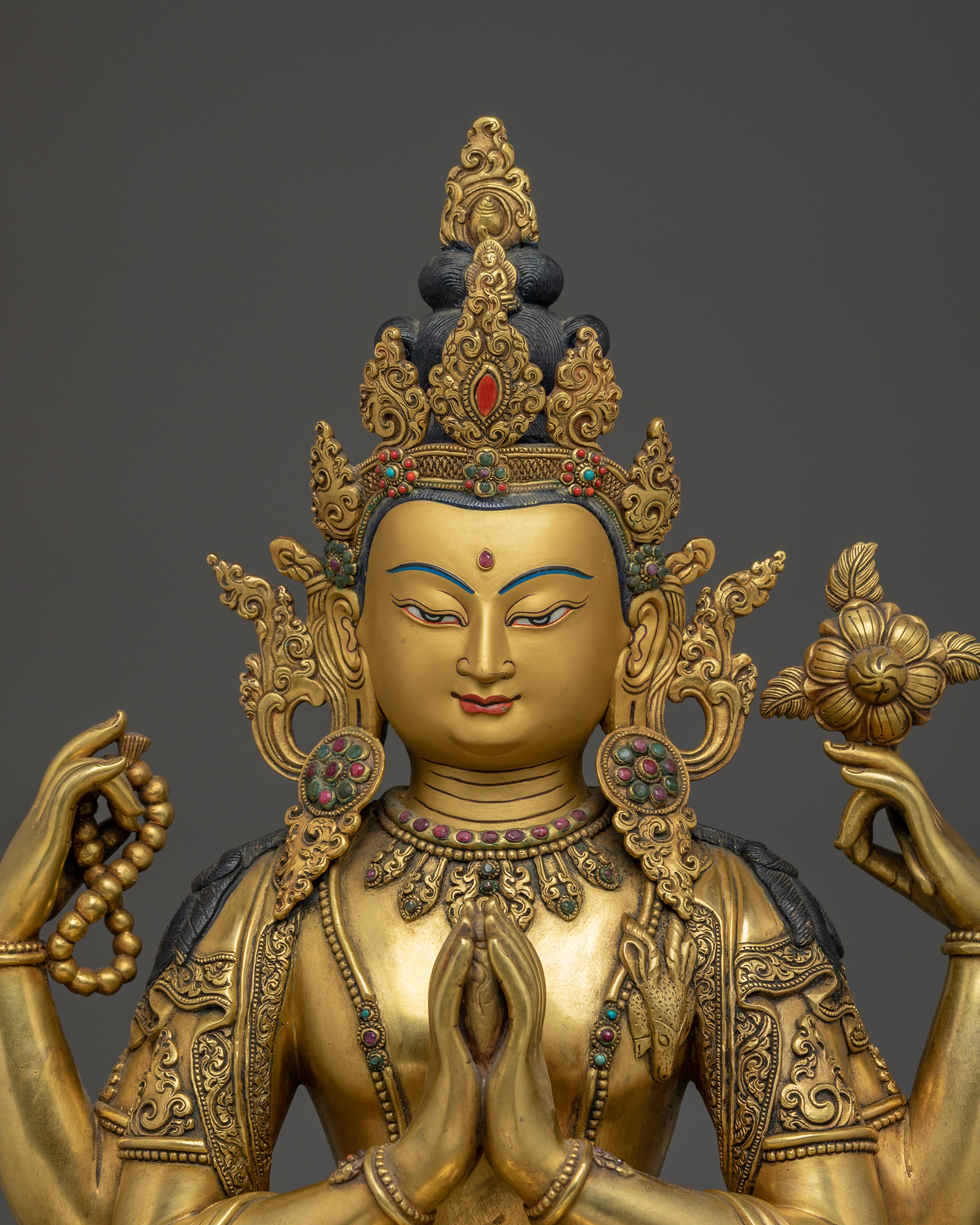 Gold Gilded Chenrezig Art with Copper Body | Tibetan Bodhisattva of Compassion