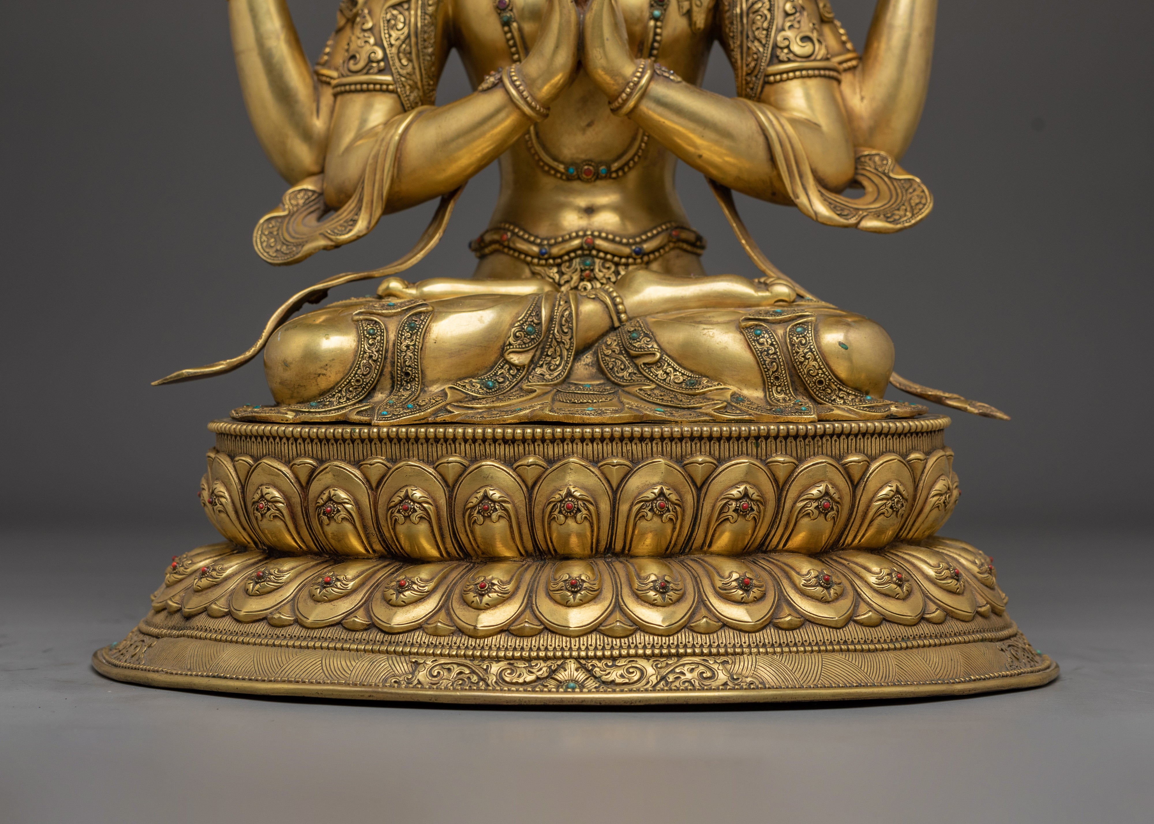 Gold Gilded Chenrezig Art with Copper Body | Tibetan Bodhisattva of Compassion