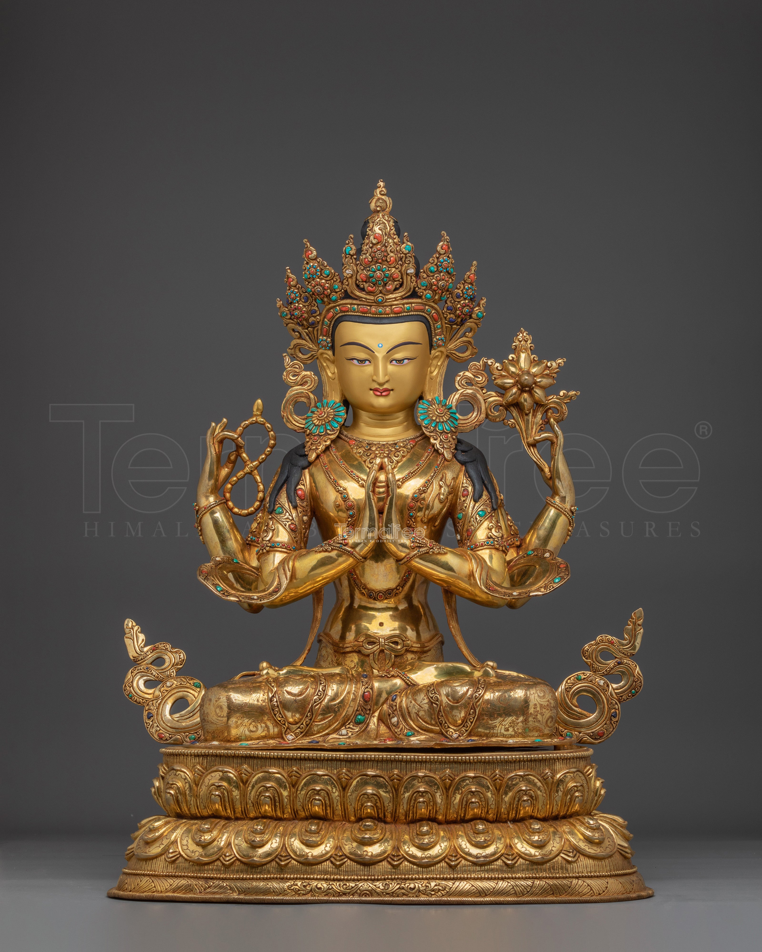 Gold Gilded Four Armed Chenrezig Statue with Copper Body | Tibetan Buddha of Compassion