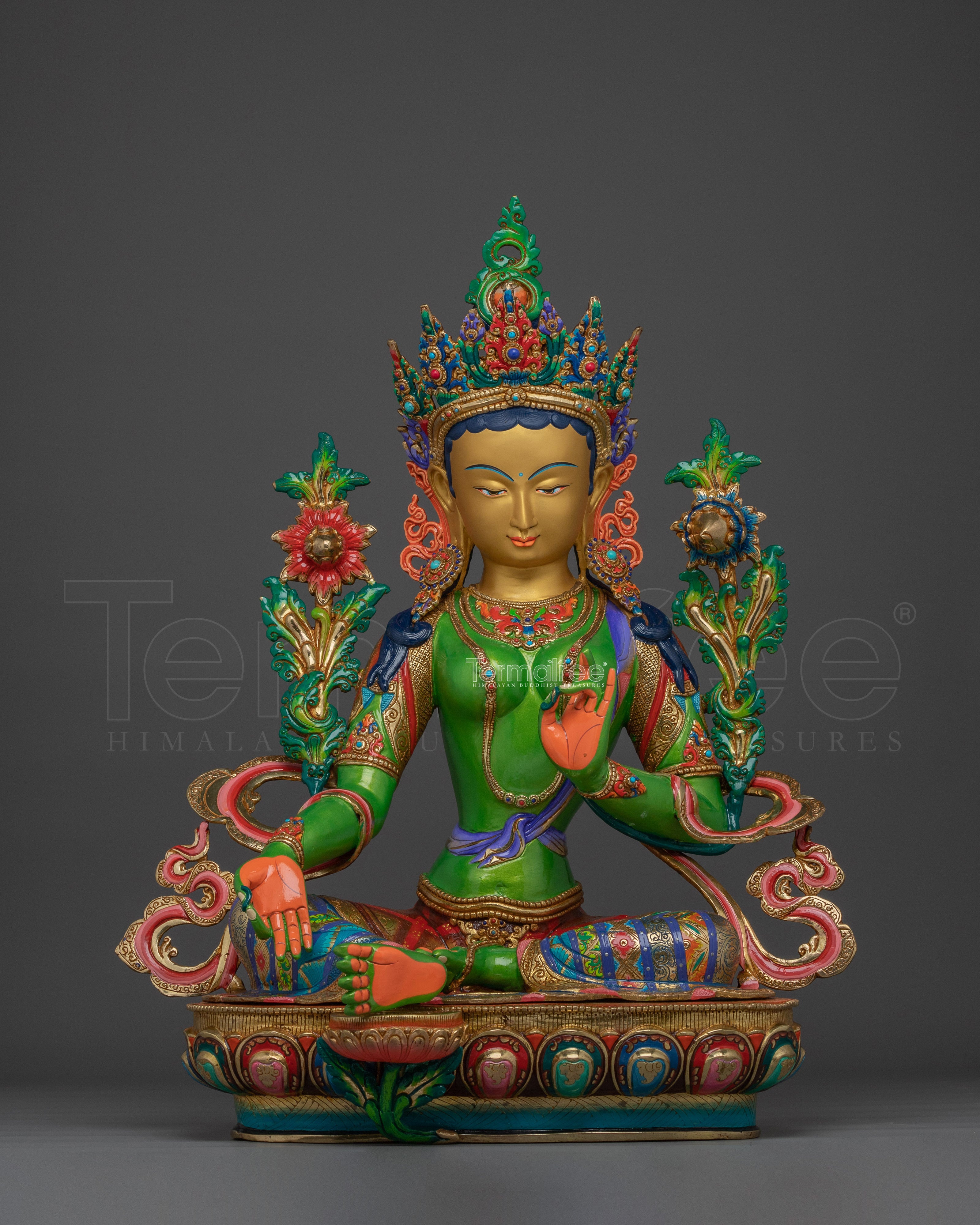 Green Tara in Gold & Acrylic Paint | Spiritual Altar Figurine for Meditation