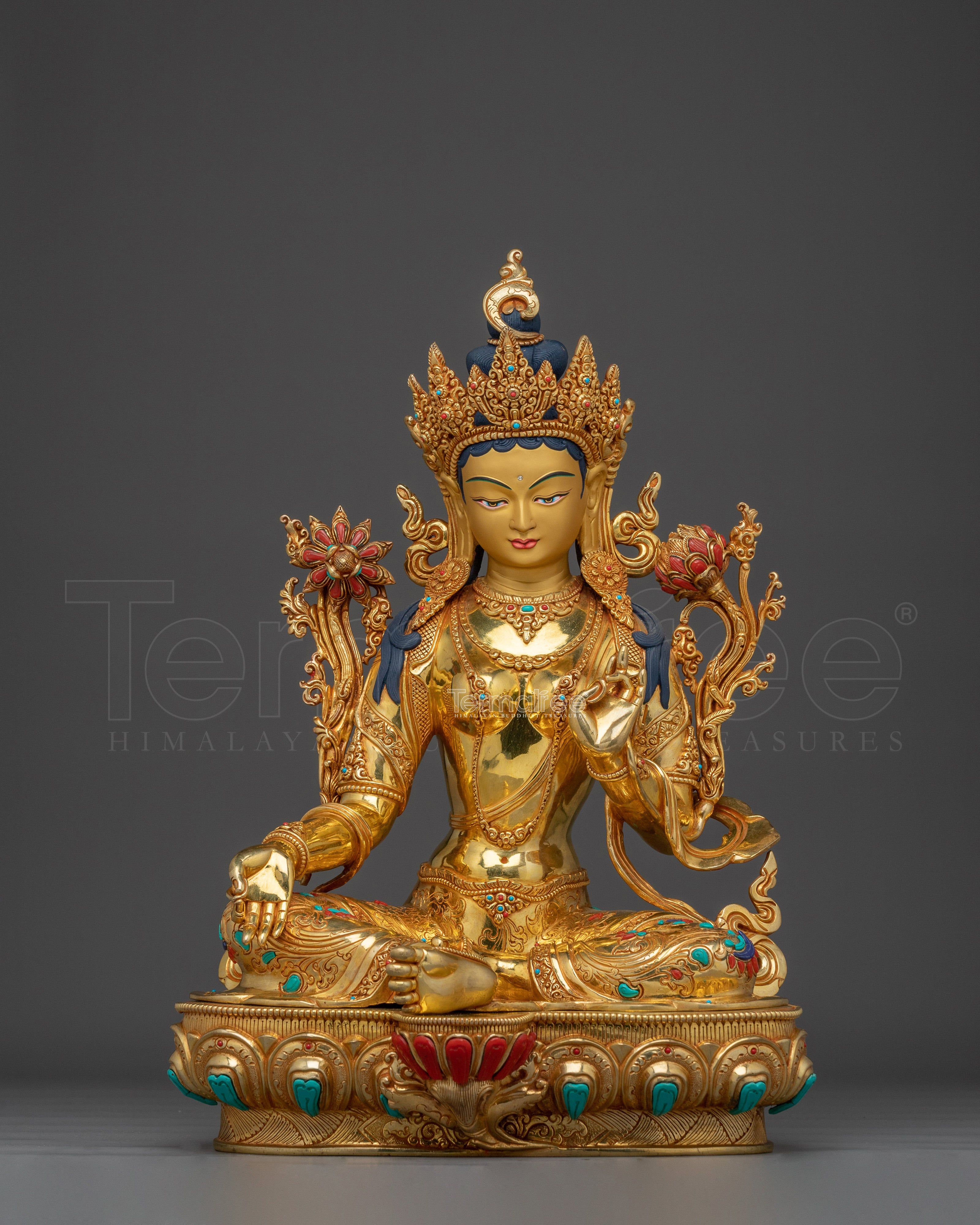 Green Tara Statue in 24K Gold Gilded Copper | Spiritual Protector for Meditation