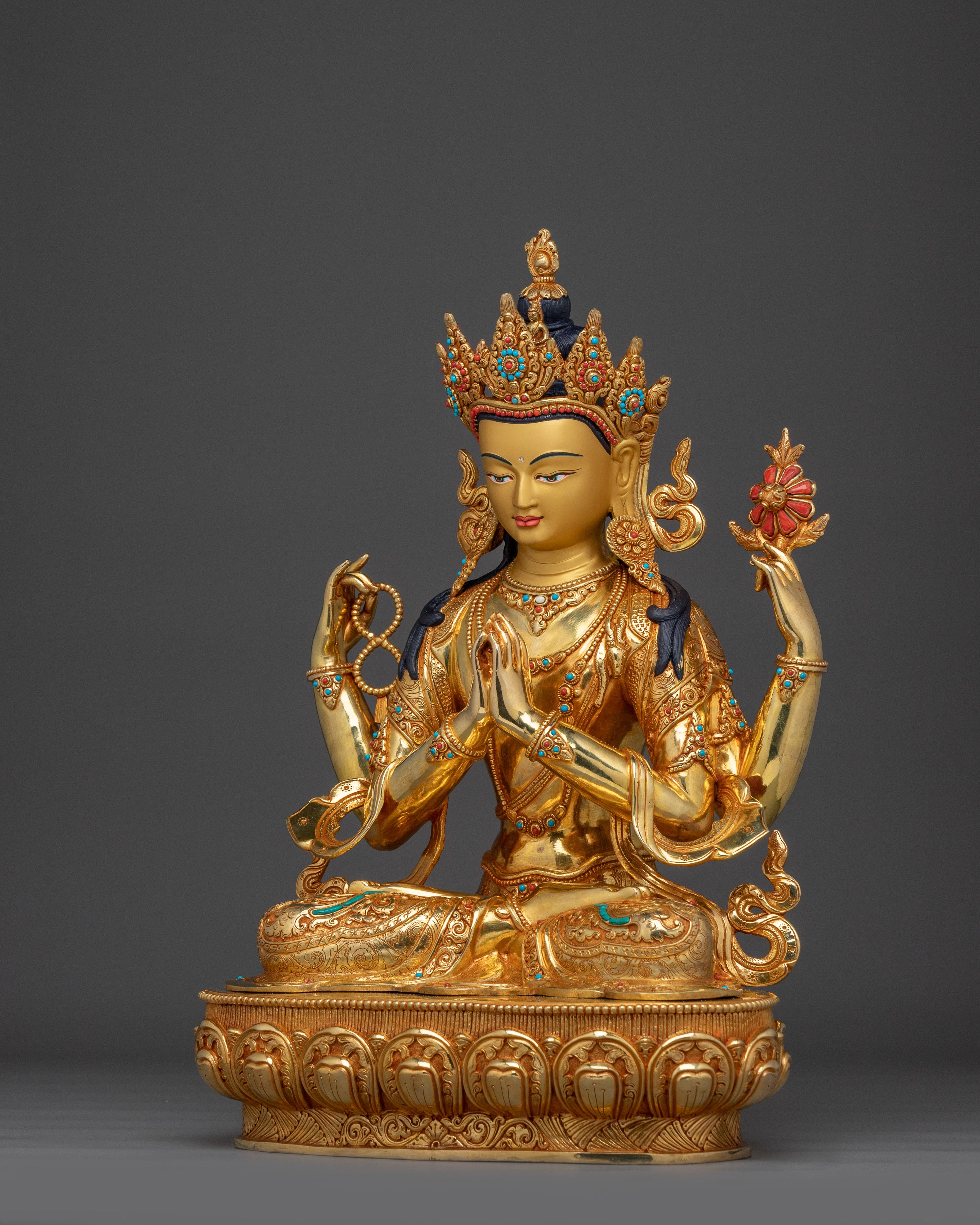 Four-Armed Avalokiteshvara Compassion Sculpture | Chenrezig Deity with 24K Gold Gilding
