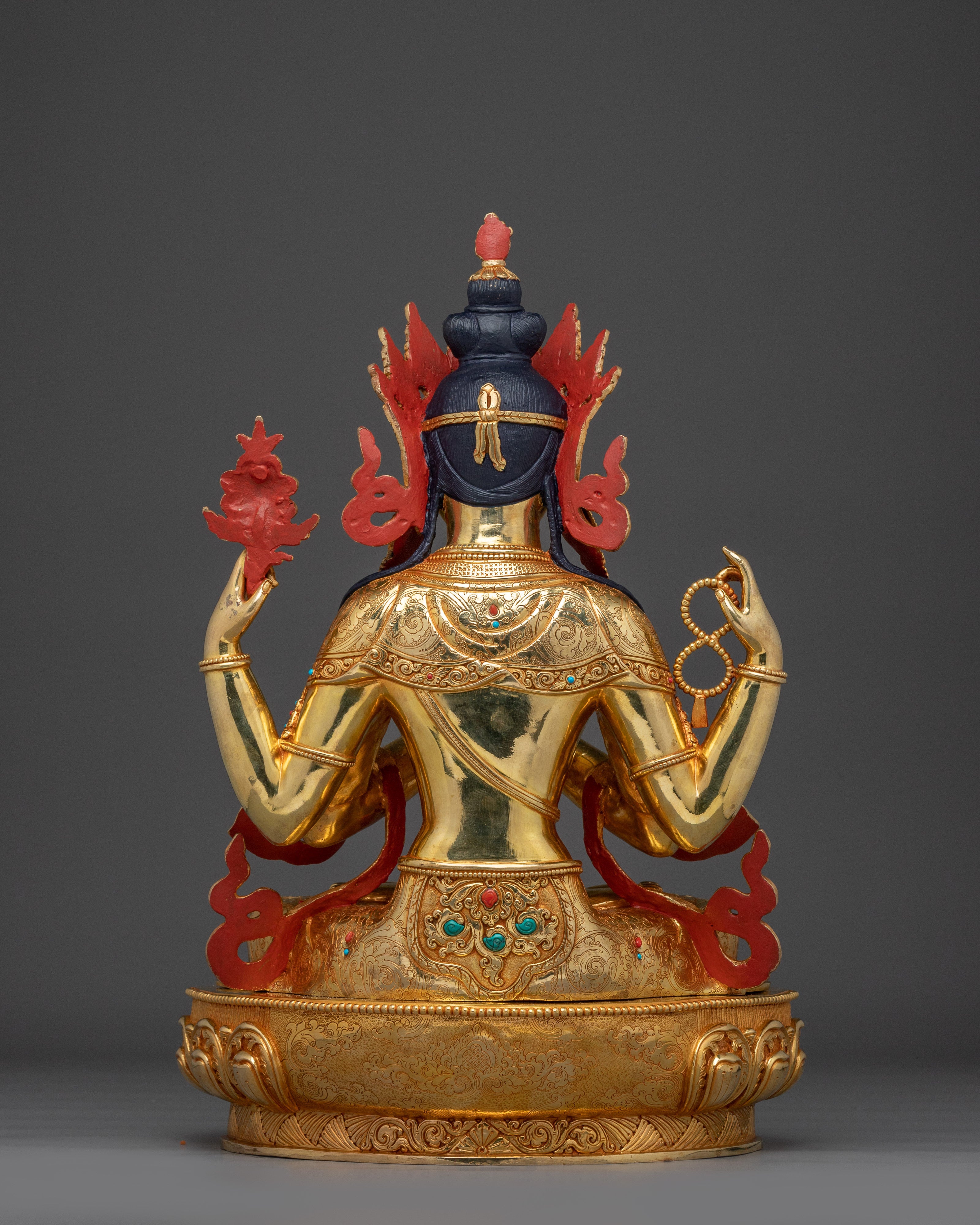 Four-Armed Avalokiteshvara Compassion Sculpture | Chenrezig Deity with 24K Gold Gilding